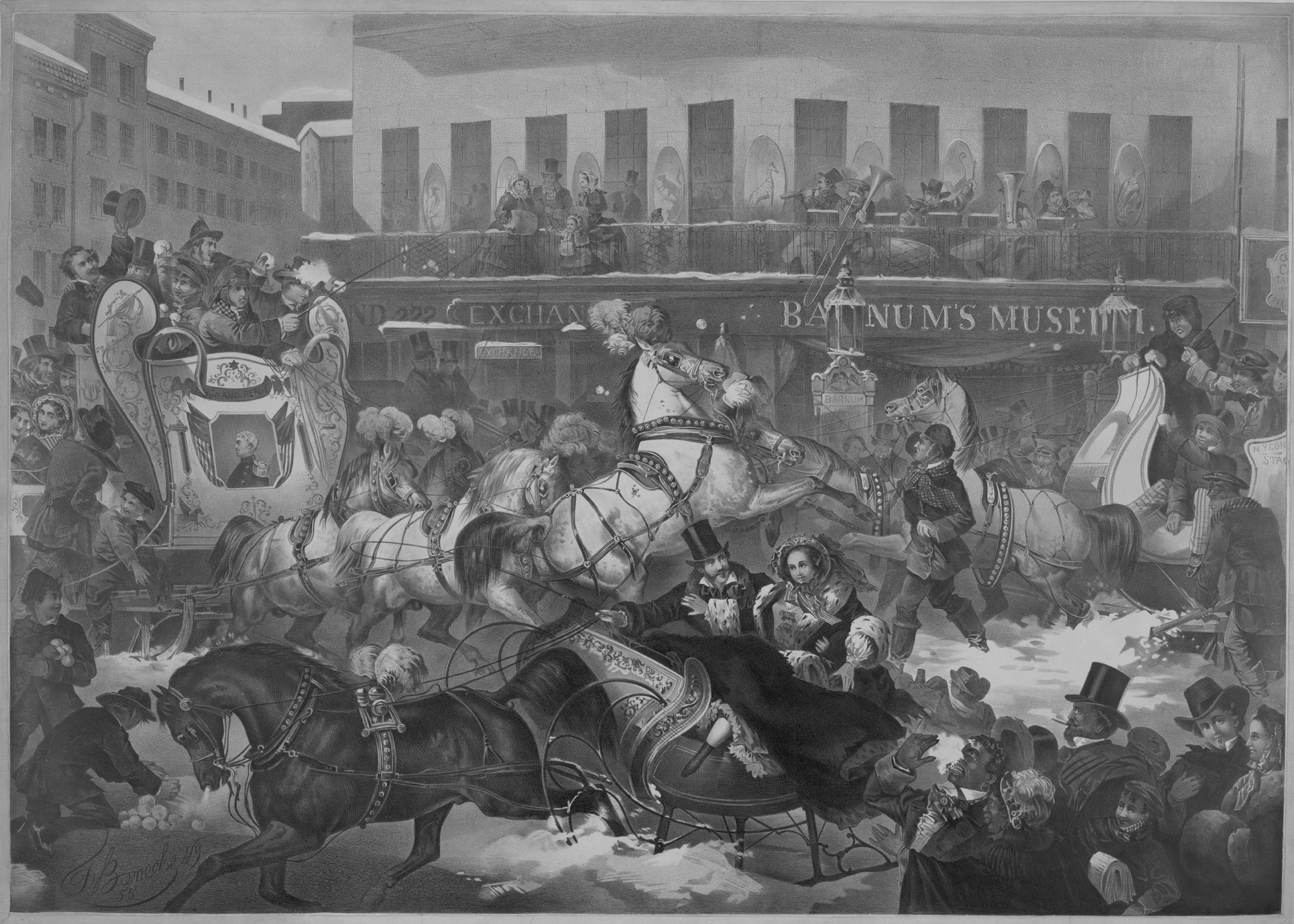 Opening on New York’s bustling lower Broadway in 1841, P. T. Barnum’s American Museum soon became, as one contemporary observed, “the most visited place in America.” Offering a cornucopia of education and entertainment, from archaeological antiquities to human “oddities” (actual and invented), Barnum’s was the first institution to encompass the aspirations and predilections of an increasingly diverse urban public. As the chaotic street scene in this 1855 lithograph shows, Barnum’s attractions included the building exterior, which featured a band of musicians that was said to play so badly that it drove people <em>into </em>the museum.