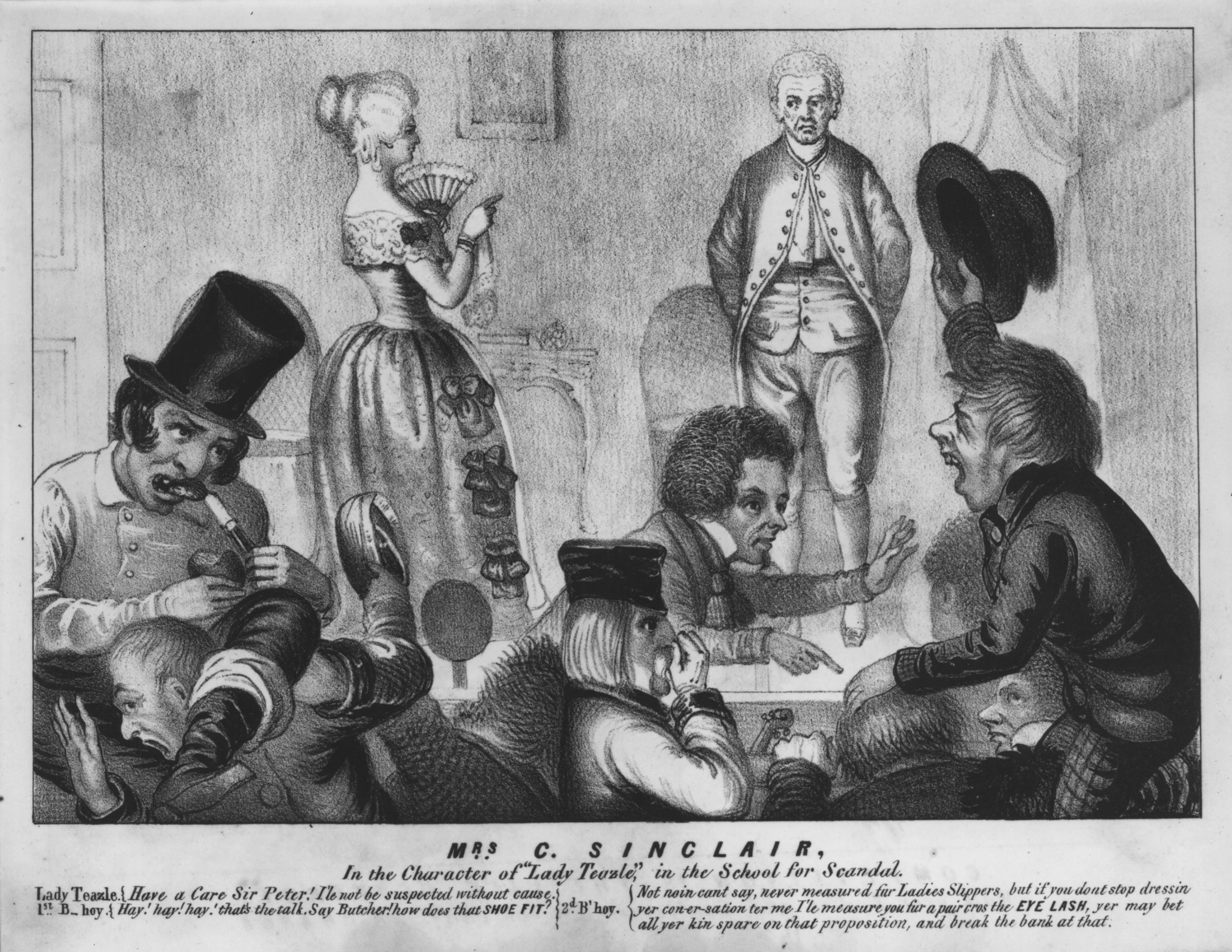 As this 1852 lithograph indicated, it was often hard to tell where the performance really was situated in popular urban theaters. The raucous audience in this print included an aggressively critical German immigrant (in the center wearing a hat) and a tough Bowery “B’hoy” preoccupied with a hasty meal (on the left).