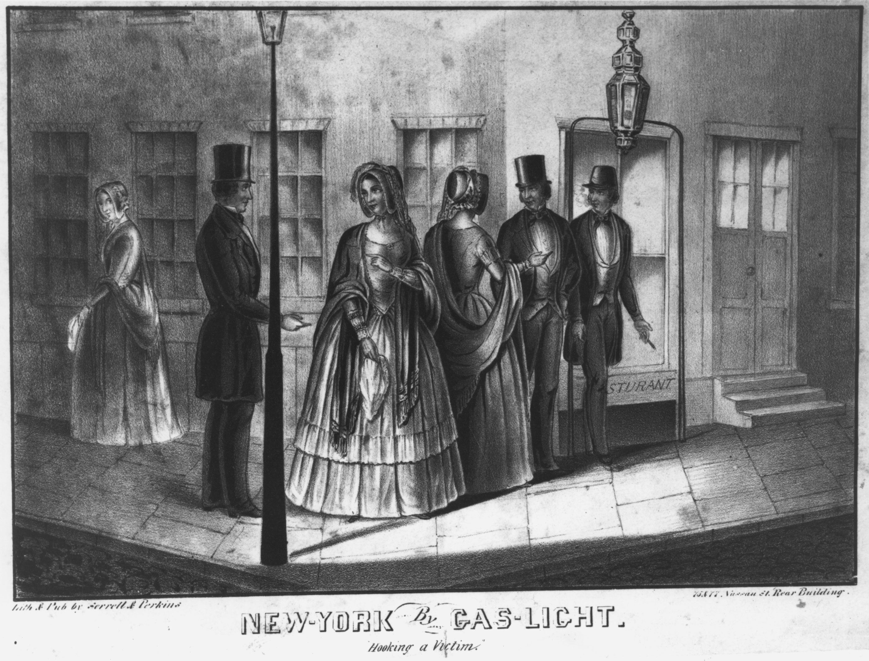 This lithograph printed around 1850 depicted three sex workers soliciting on a gas-lit city street. Some women chose sex work as an alternative to (or to supplement) low-wage domestic or sewing work. Reformers and artists alike alternately sentimentalized and demonized sex workers, viewing them either as betrayed innocents, victimized by poverty or deceitful seducers, or as “abandoned women” who craved sex and liquor.