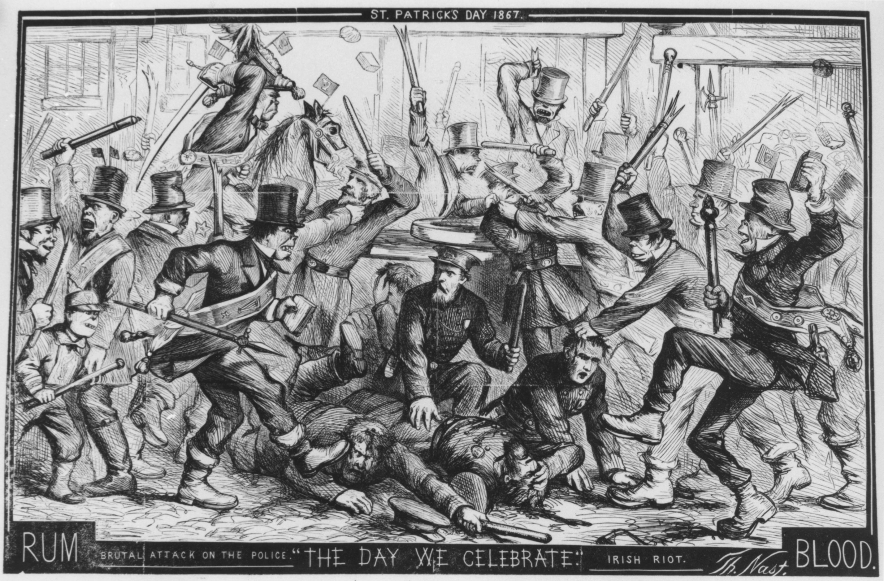 <em>Harper’s Weekly</em> cartoonist Thomas Nast portrayed a riot on St. Patrick’s Day as a violent urban “sport.” Nast’s portrayal of the Irish, baring their teeth along with other weaponry, was typical of nineteenth-century cartoonists, who tended to give each immigrant working-class group the physical traits that were supposedly characteristic of its “race” and place in a social hierarchy.