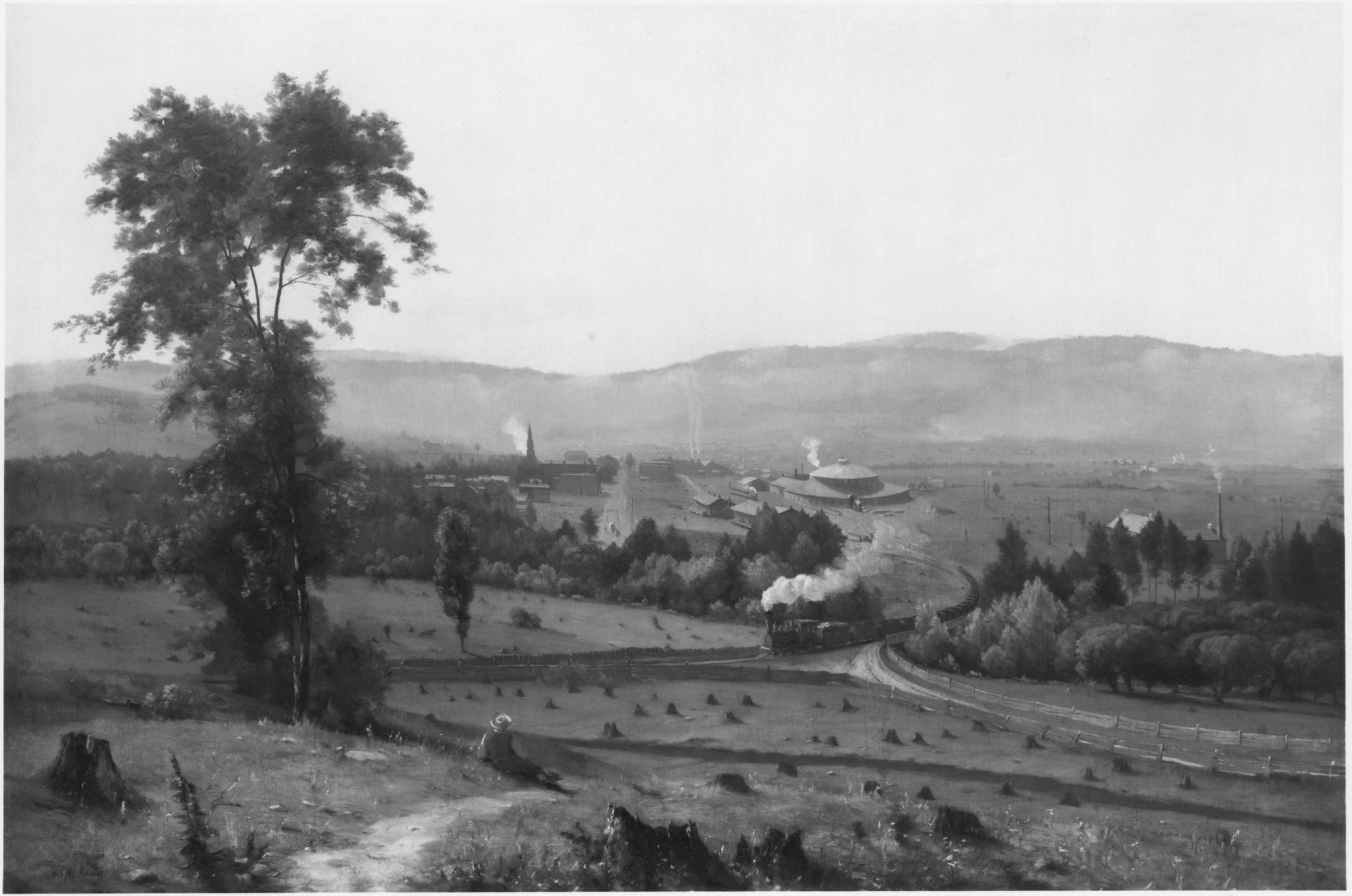 George Inness’s panoramic painting, commissioned by the Delaware, Lackawanna, and Western Railroad in 1855, placed the symbol of industrialization in a bucolic setting. The railroad’s president paid Inness  to paint a scene showing three locomotives. The artist gave him only one train but obliged the president’s zeal for advertising by painting three tracks leading into the new Scranton, Pennsylvania, roundhouse instead of the one that actually existed.