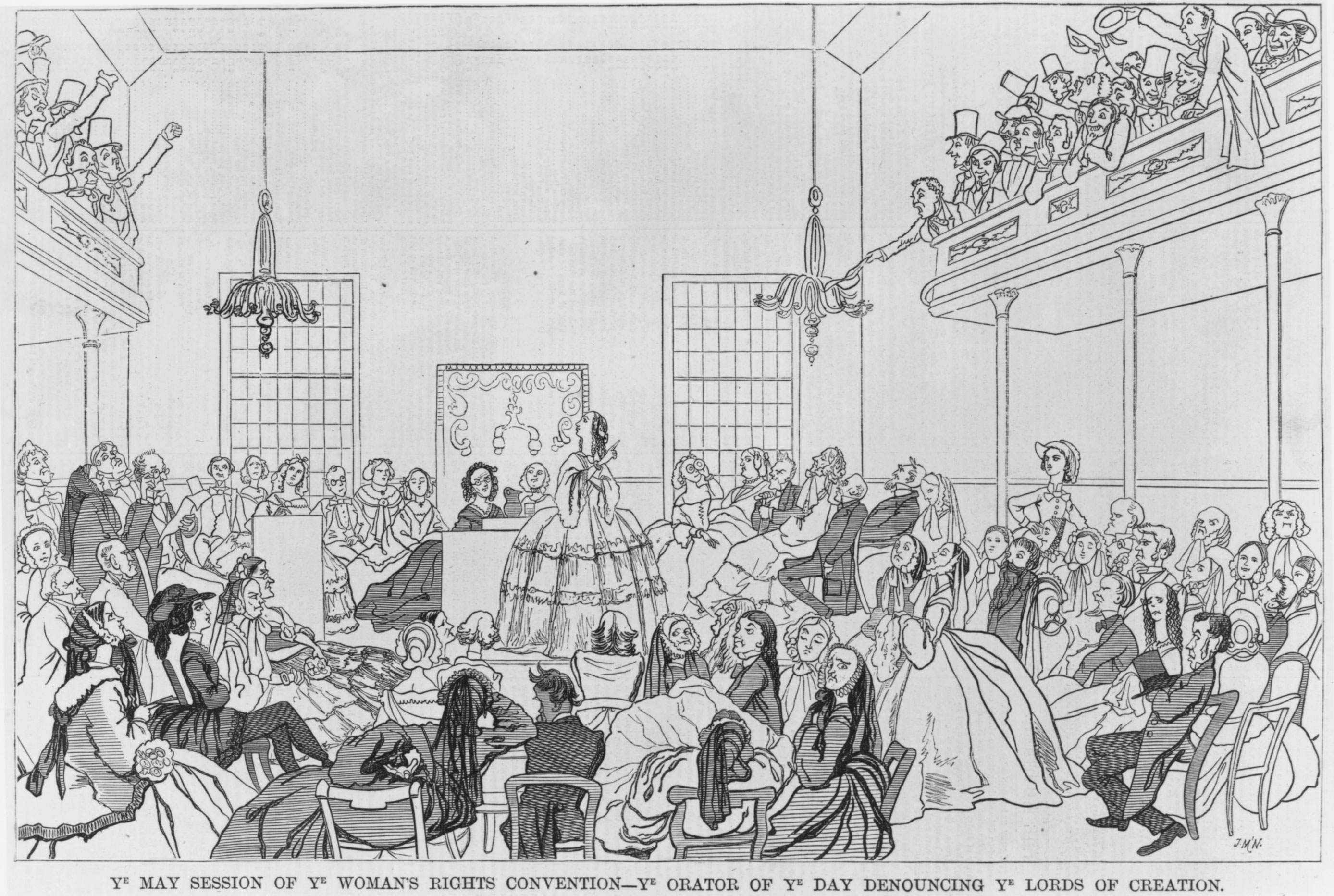 The proceedings of a women’s rights meeting were disrupted by hecklers in an 1859 cartoon published in <em>Harper’s Weekly</em>.