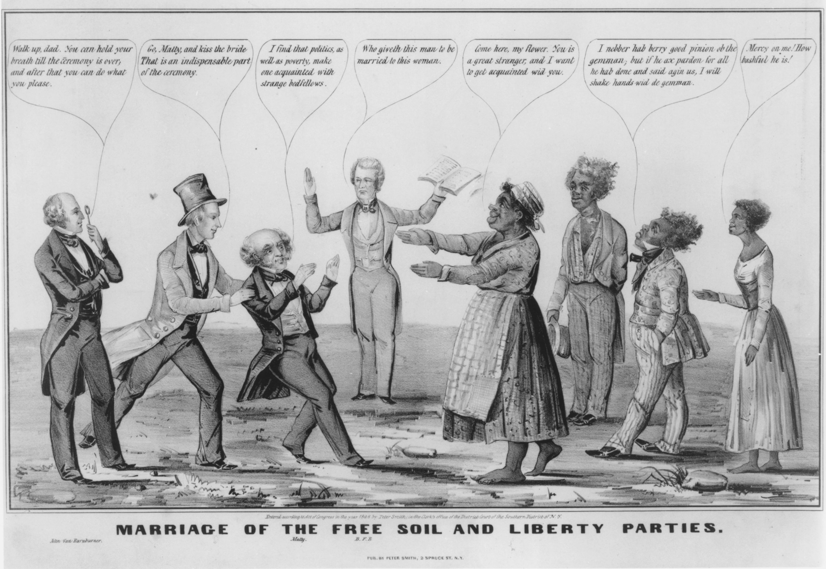 This 1848 lithograph cartoon commented on the formation of the Free-Soil Party in 1848. Free-Soil presidential candidate Martin Van Buren, whose political career included alliances with enslaver interests, was shown entering a “marriage of convenience” with the forces of the antislavery Liberty Party. The racial stereotypes were typical of the visual representation of African Americans in the antebellum period.