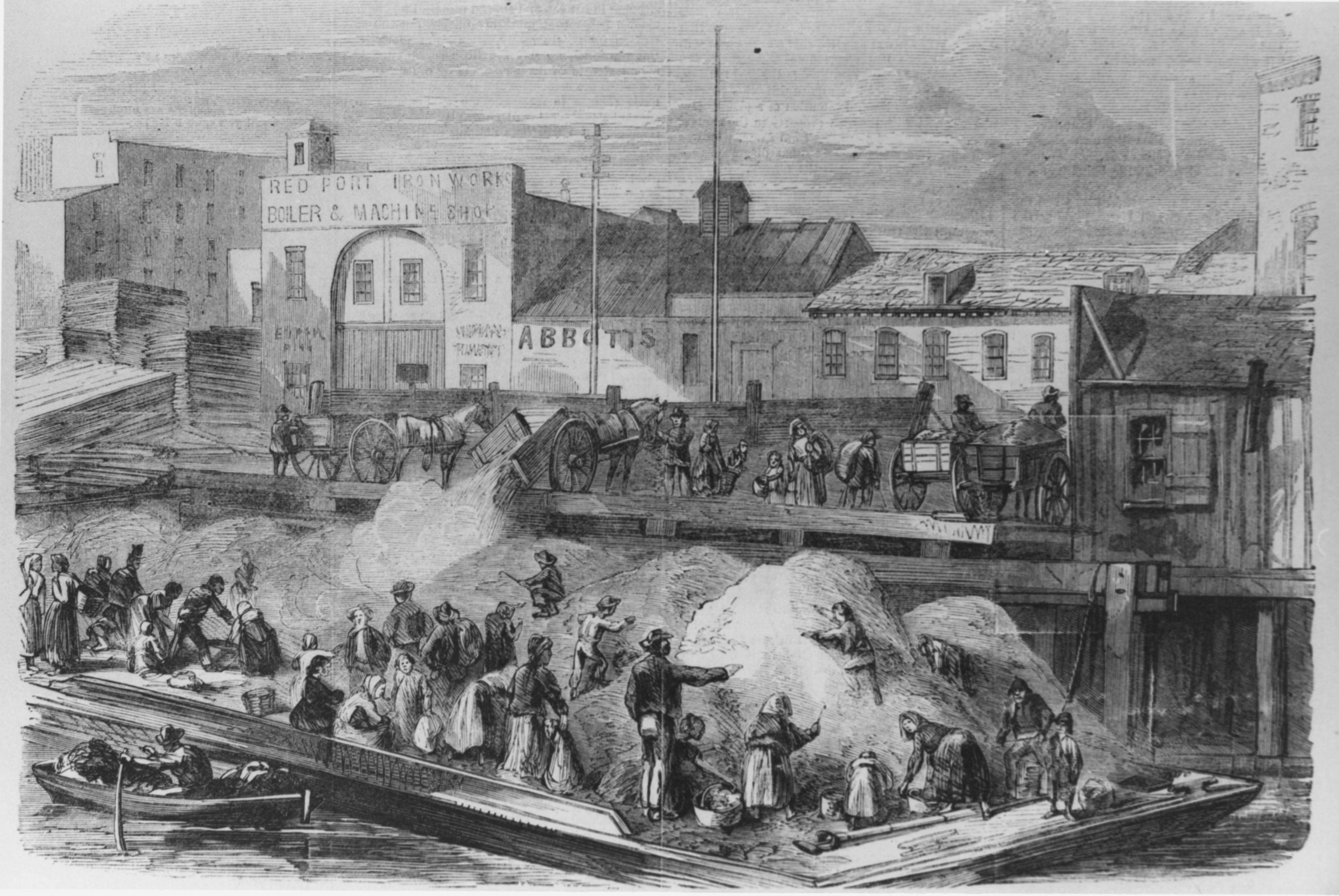 According to a <em>Harper’s Weekly </em>editor, this engraving of people scavenging on garbage barges—searching for coal, rags, and other discarded items that might be used or sold to junk dealers—showed how some people in New York were forced to “live upon the refuse of respectable folk.”