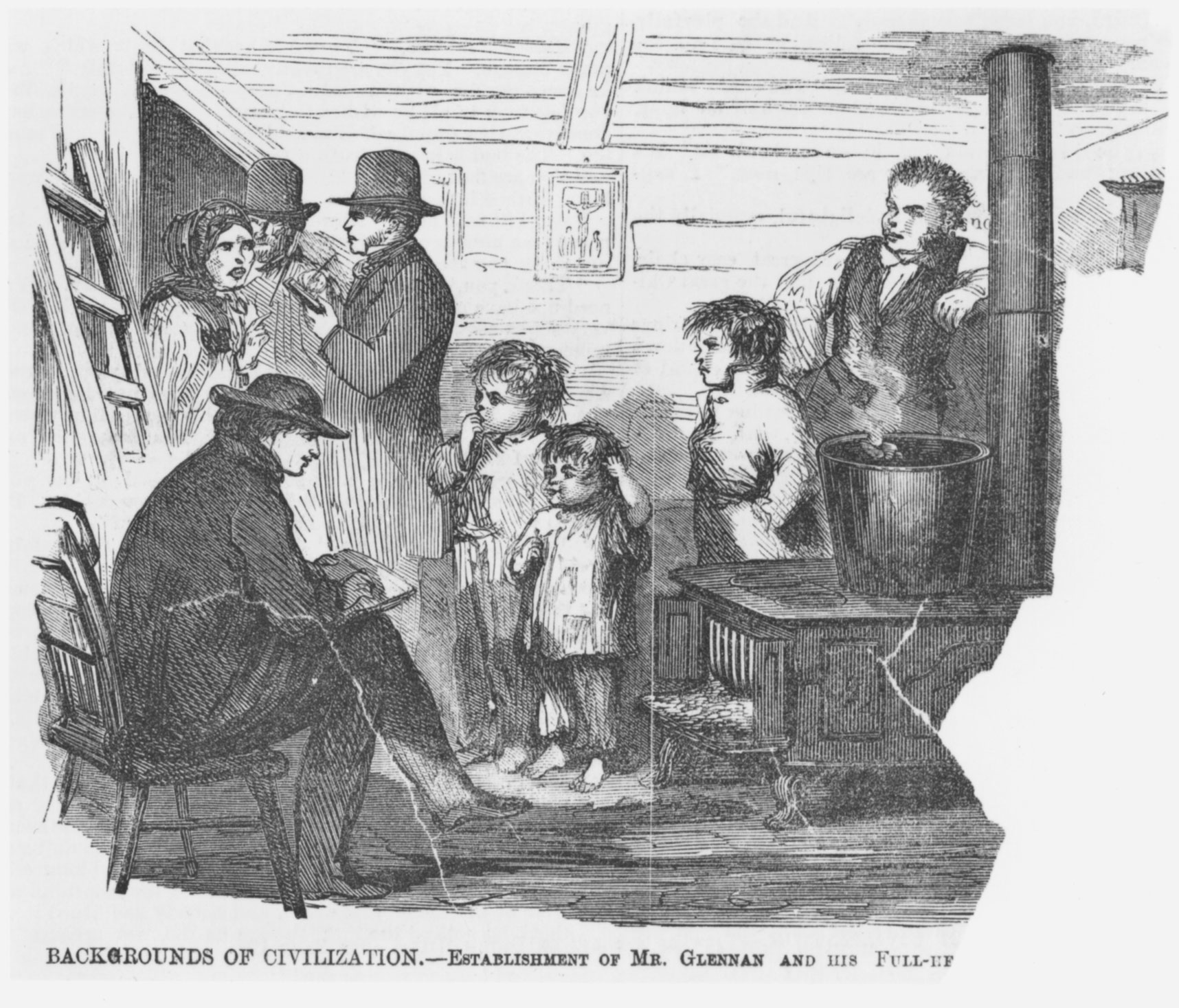 An illustration from an 1860 edition of the <em>New York Illustrated News</em> showed a reporter and artist working on a story about the Glennan family, residents of a shanty district near the city’s East River called Dutch Hill. Although newspapers and magazines failed to recognize the causes of urban poverty, by midcentury editors consistently dispatched reporters to cover the “dark background of our civilization.”