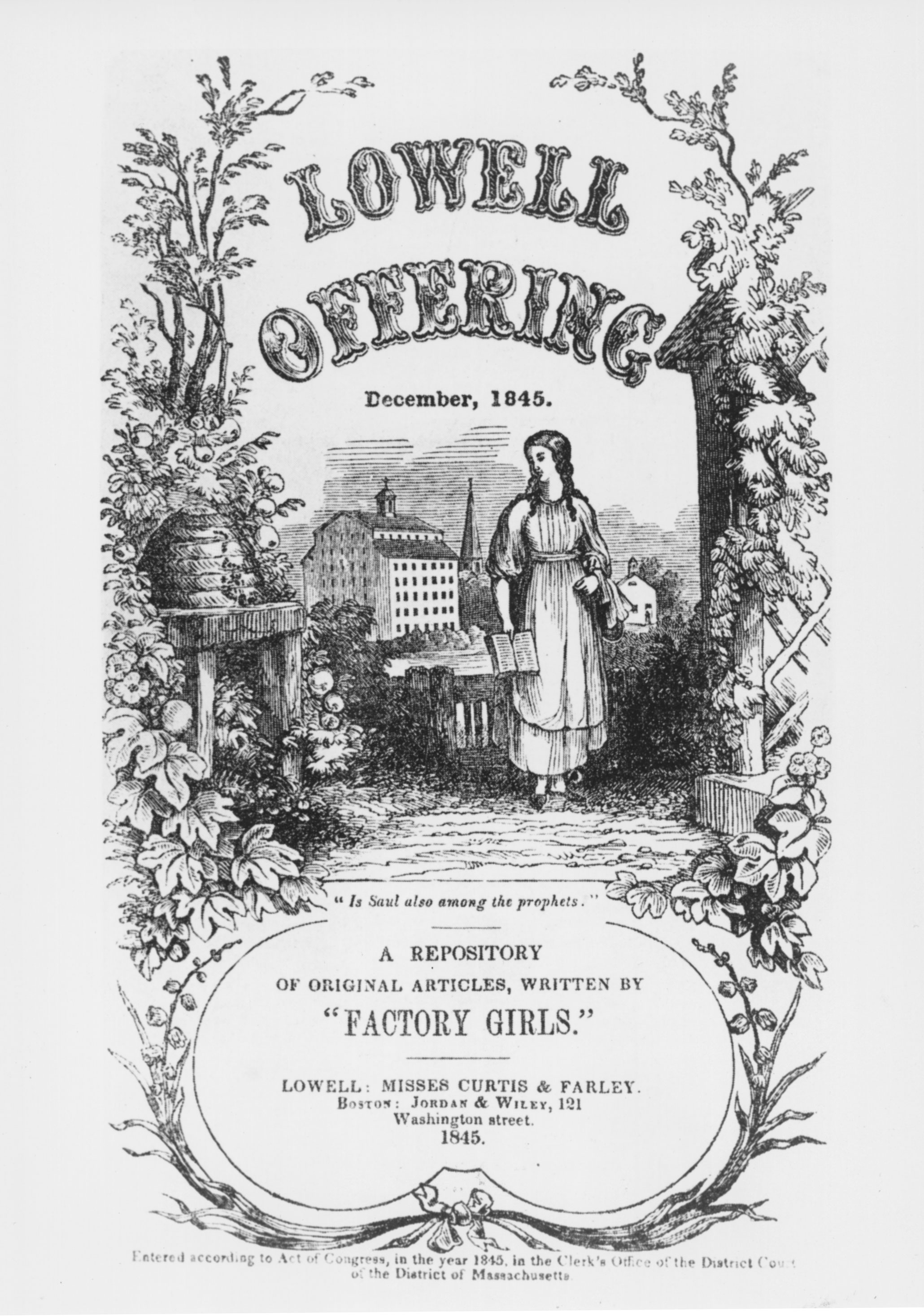 During the 1840s, the <em>Lowell Offering</em> published writing by women who worked in the Lowell mills. Contributions to the publication, which was supported by the city’s textile companies, promoted the morality and industry of mill women, carped occasionally about working conditions, but avoided any harsh criticism of employers. On the <em>Offering</em> cover, a pure textile maiden, book in hand, stood adjacent to a beehive (representing industriousness). By the middle of the decade, the <em>Offering</em>’s perspective was challenged by <em>The Voice of Industry</em> and other labor reform publications.