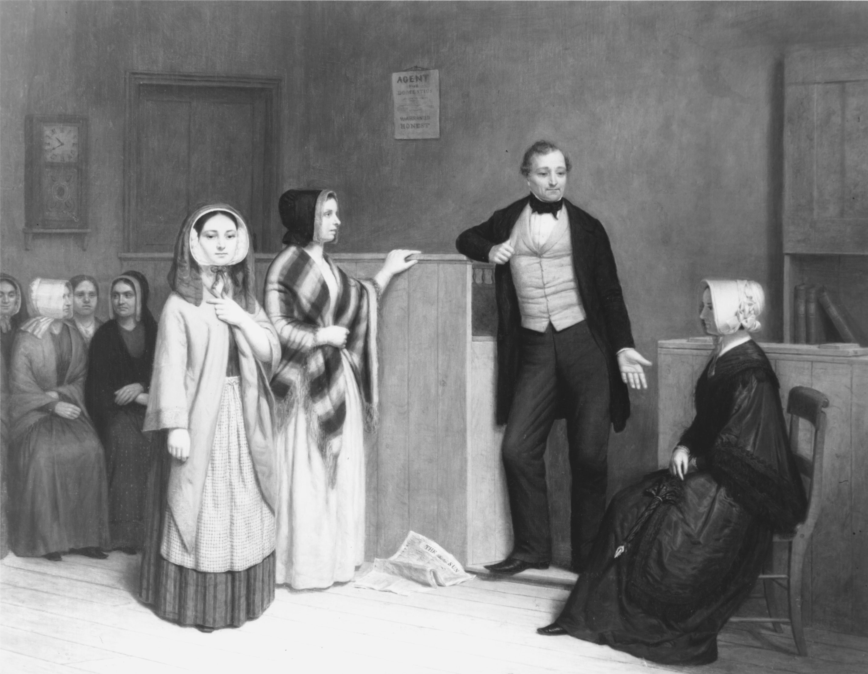 This 1849 painting depicted an interview in an employment agency for domestic servants. Although these agencies were ostensibly organized to shield young women from exploitation, they operated more as a reference service to prospective employers to insure against the hiring of women who were deemed unreliable or criminal.