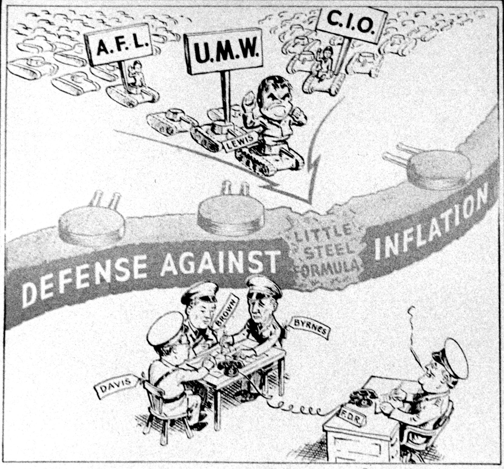 A cartoon in the March 29, 1943, issue of <em>Time</em> magazine interpreted John L. Lewis’s challenge to the War Labor Board’s wage formula in military terms. Lewis, arguing that “bayonets cannot mine coal,” extracted a wage increase for miners in spite of the wartime wage ceiling.