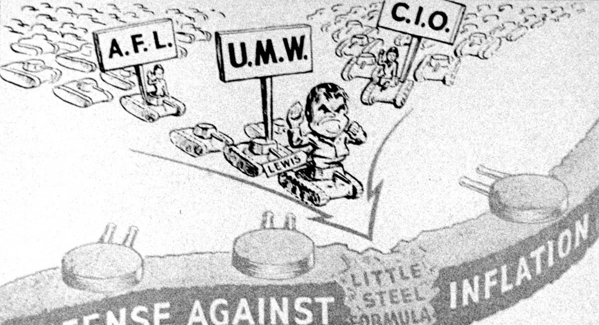 A cartoon in the March 29, 1943, issue of <em>Time</em> magazine interpreted John L. Lewis’s challenge to the War Labor Board’s wage formula in military terms. Lewis, arguing that “bayonets cannot mine coal,” extracted a wage increase for miners in spite of the wartime wage ceiling.