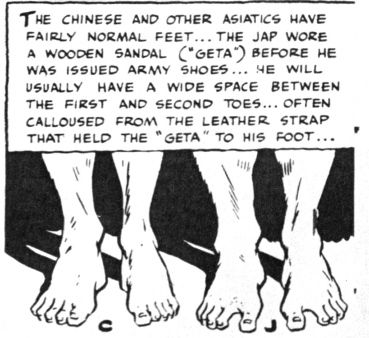 These three panels appeared in the <em>Pocket Guide to China</em>, a U.S. Army pamphlet illustrated by cartoonist Milton Caniff (best known for the comic strips <em>Terry and the Pirates</em> and, after the war, <em>Steve Canyon</em>). This pamphlet and other official wartime publications that were distributed to American soldiers used outrageous racial stereotypes to distinguish between Asian friends and foes.