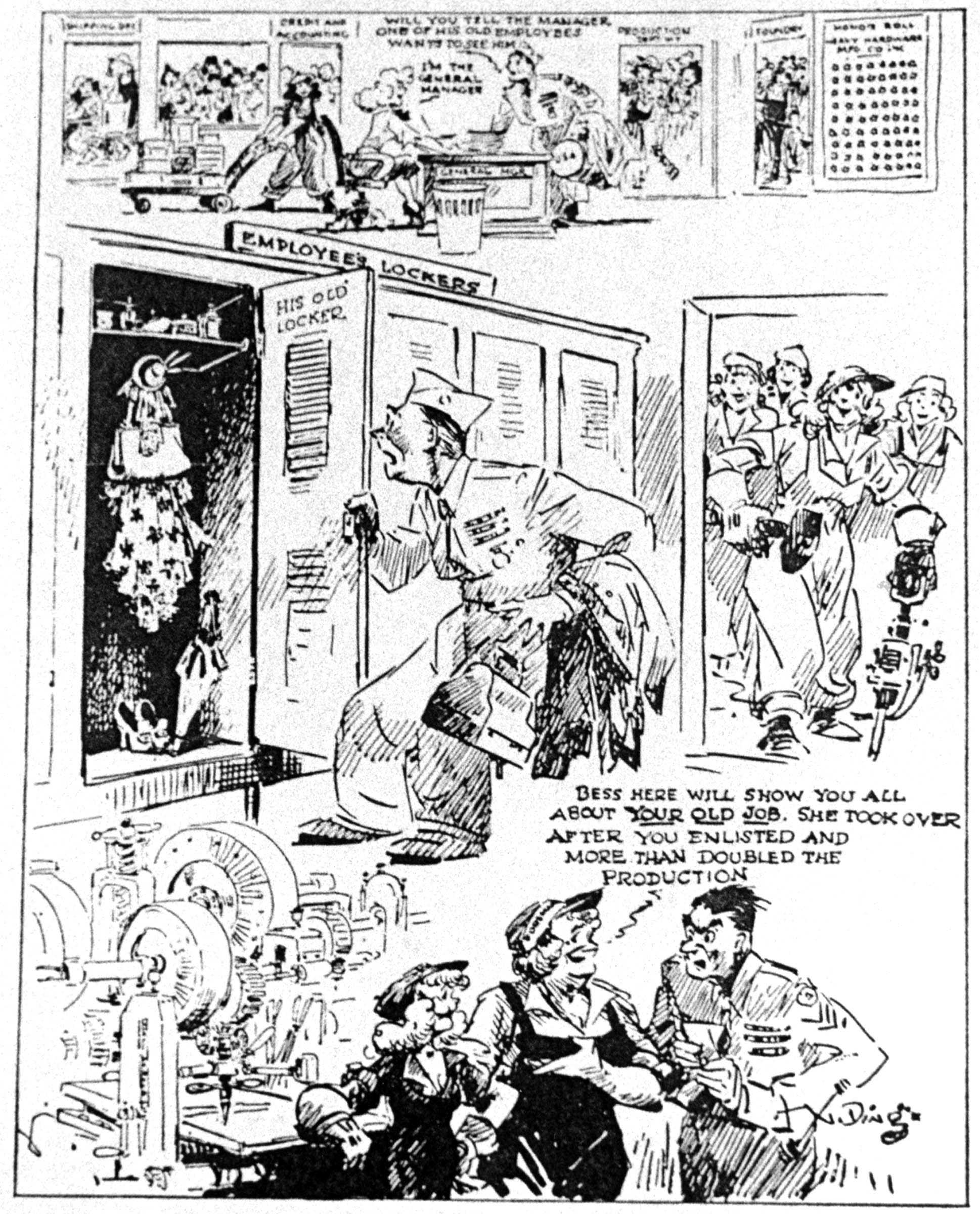 Reflecting male fears rather than postwar reality, this cartoon suggested that returning veterans would confront a job market in which prewar gender roles were now reversed. In fact, few women workers kept their jobs at war’s end.