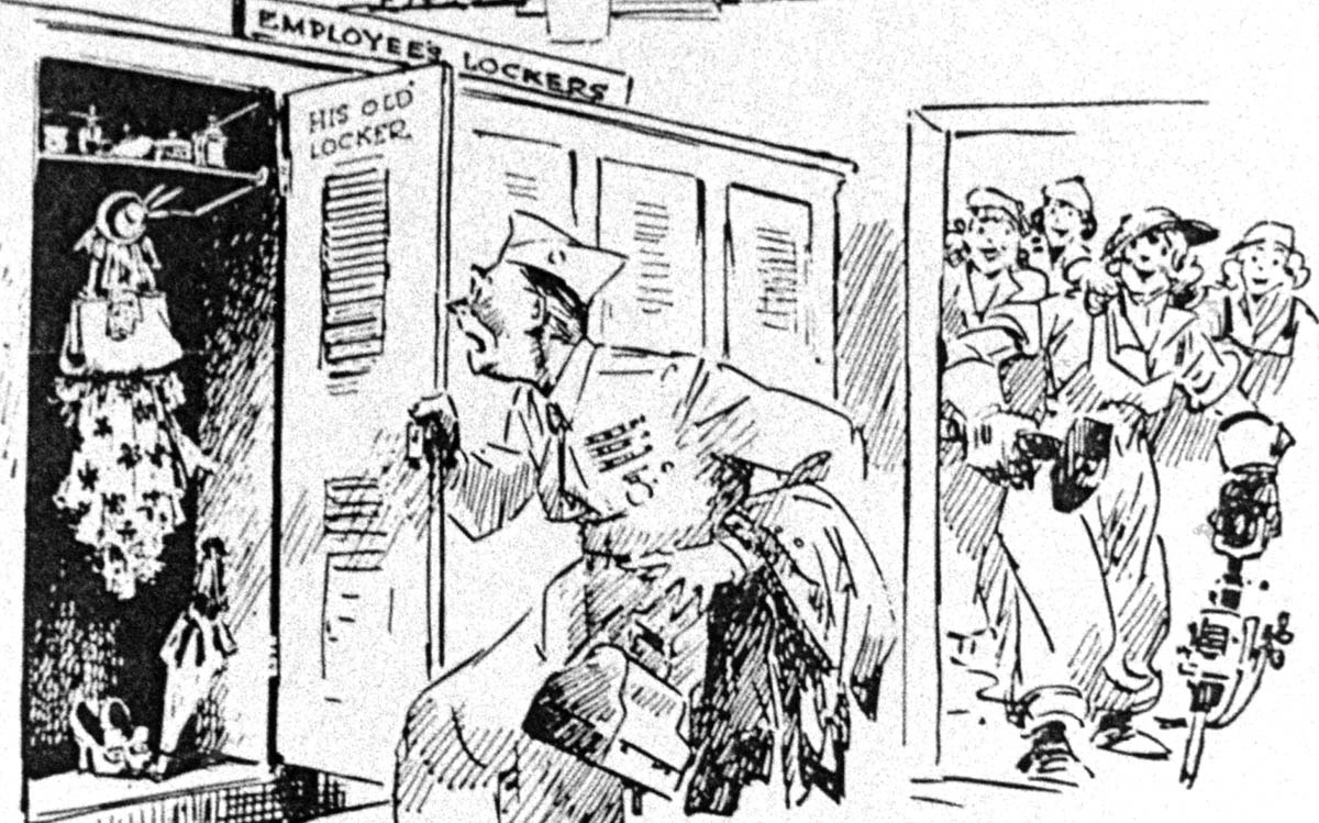 Reflecting male fears rather than postwar reality, this cartoon suggested that returning veterans would confront a job market in which prewar gender roles were now reversed. In fact, few women workers kept their jobs at war’s end.