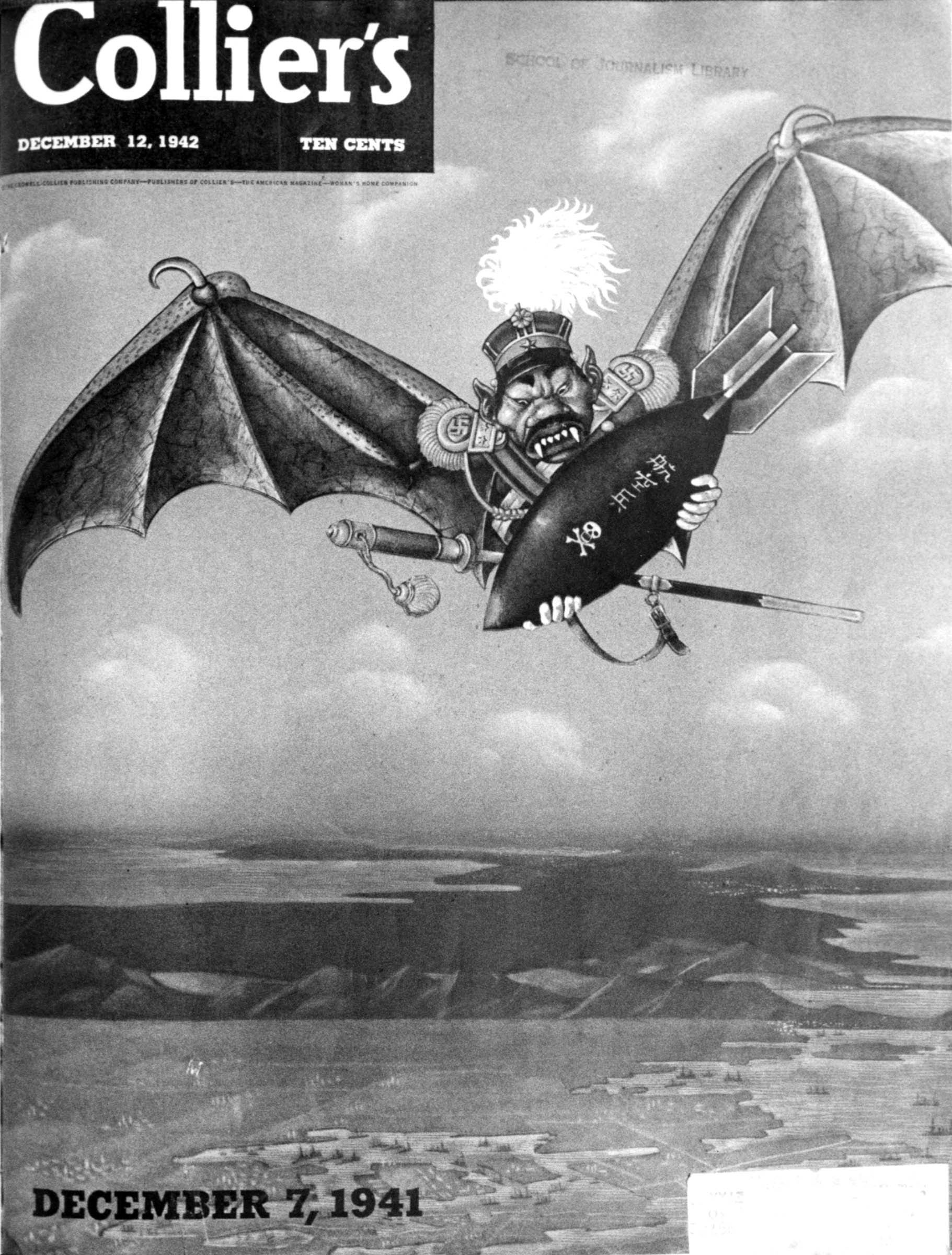 The cover of a December 1942 issue of <em>Collier’s</em> magazine commemorated the first anniversary of the Japanese attack on Pearl Harbor. The portrayal of Prime Minister Hideki Tojo as a vampire bat indicates one way in which the Japanese were presented in American popular media and war propaganda. Unlike images of the European enemy, the Japanese were depicted as vicious animals, most often taking the form of apes or parasitic insects.