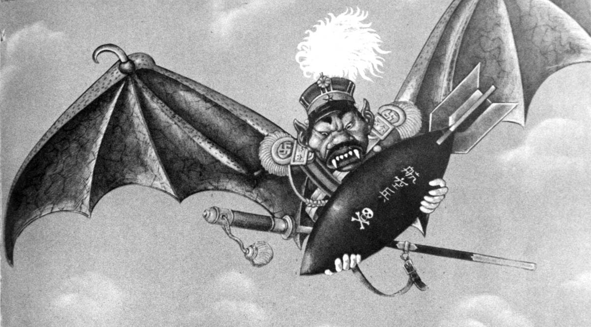 The cover of a December 1942 issue of <em>Collier’s</em> magazine commemorated the first anniversary of the Japanese attack on Pearl Harbor. The portrayal of Prime Minister Hideki Tojo as a vampire bat indicates one way in which the Japanese were presented in American popular media and war propaganda. Unlike images of the European enemy, the Japanese were depicted as vicious animals, most often taking the form of apes or parasitic insects.