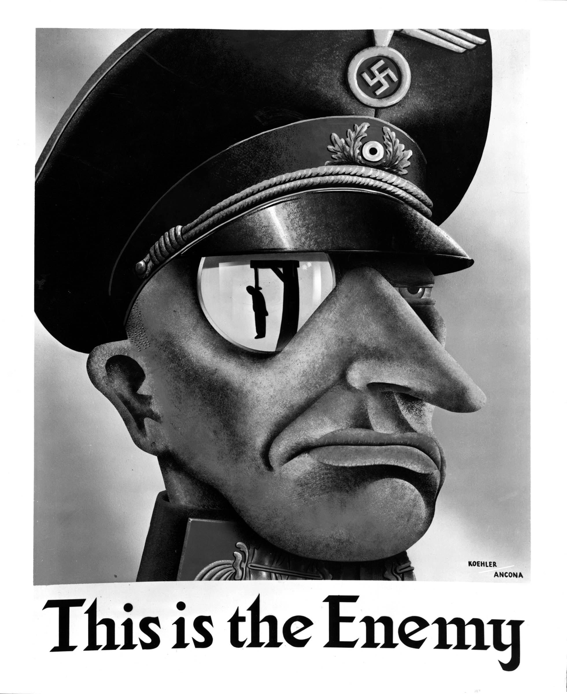 A 1942 poster depicting the Nazi enemy used a stereotype of a monocled Prussian officer that dated back to the propaganda images of World War I. Germans were portrayed as sinister but not as the nonhuman predators that were featured in the anti-Japanese posters.