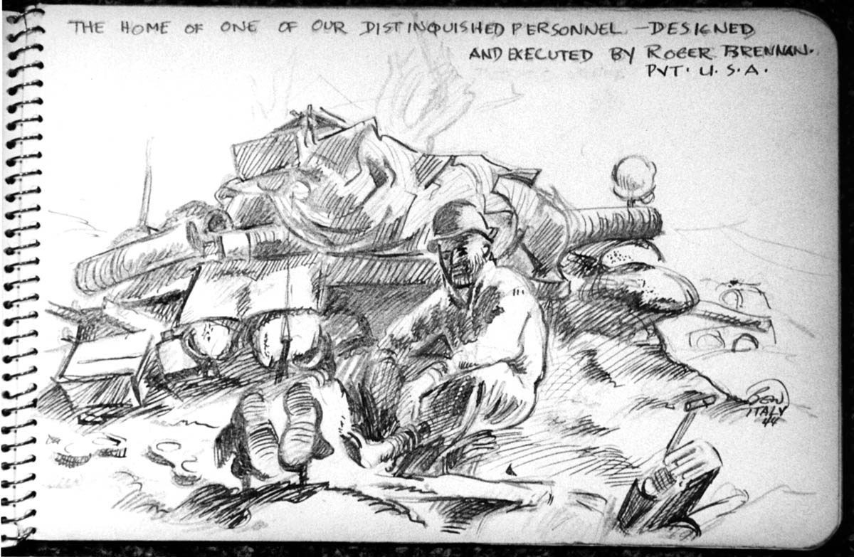 A March 1944 sketch by twenty-year-old Corporal Ben Hurwitz of the U.S. 5th Army, 351st Regiment, 88th Infantry Division, First Battalion, shows a GI in front of his makeshift “home away from home” in Tufo, Italy.