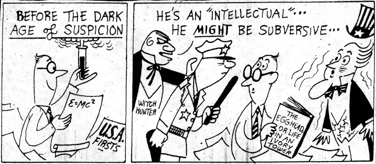 A cartoon in the <em>Baltimore Sun</em> captured the consternation in the United States that greeted news of the Soviet Union’s successful launch of Sputnik I in October 1957. The first artificial satellite to orbit the earth undermined widespread assumptions about U.S. technological superiority and sparked anxiety that the Soviet Union would win the “space race.” The cartoon also chastised the government for postwar policies that inhibited scientific research.