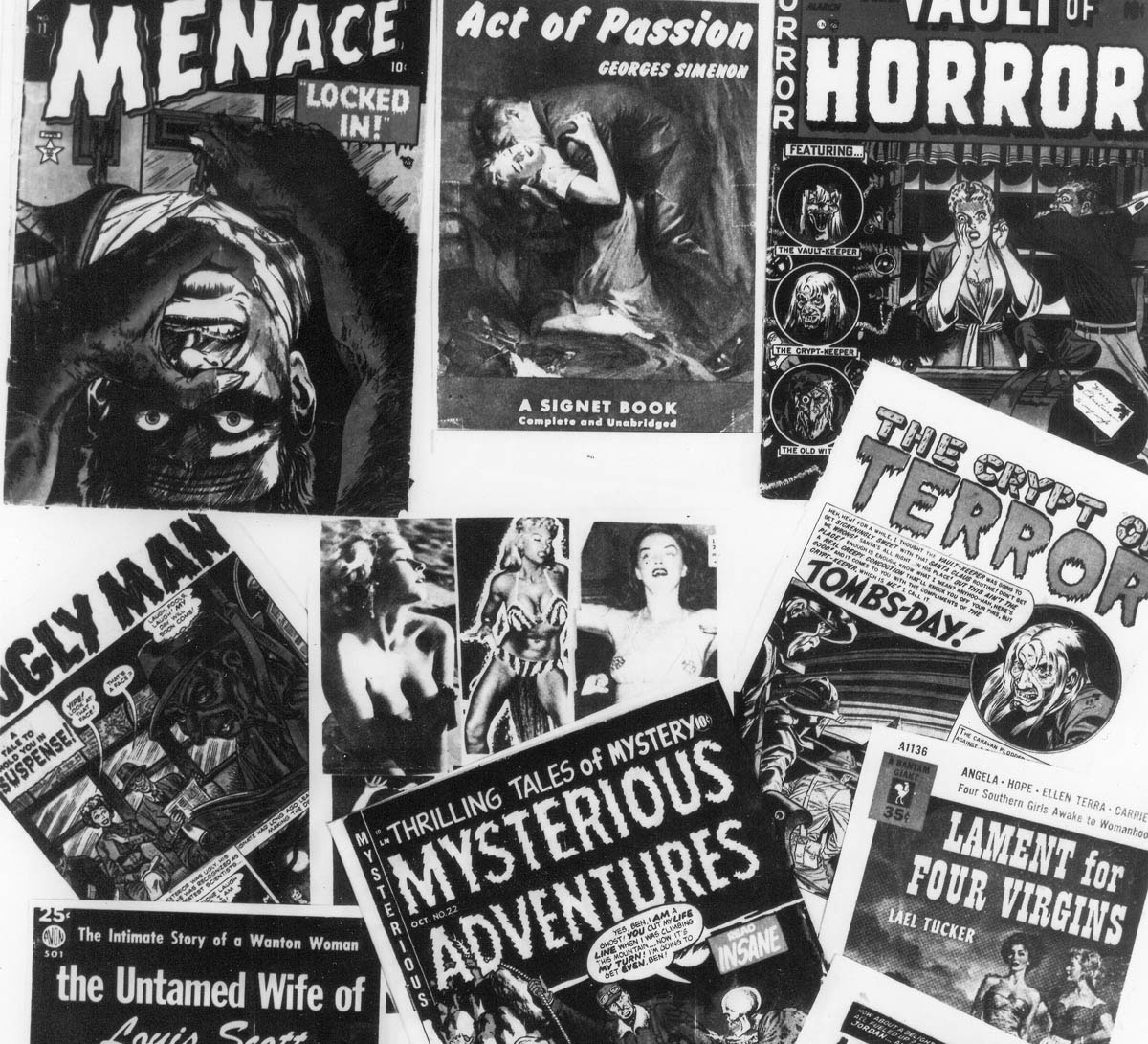 A 1954 montage that appeared in newspapers presents what many Americans saw as a new danger threatening the nation’s youth. In Senate committee hearings and other forums, parents, social scientists, and public officials called for censorship laws, claiming that crime and horror comic books, along with other salacious and sensational publications, contributed to the growing problem of juvenile delinquency.