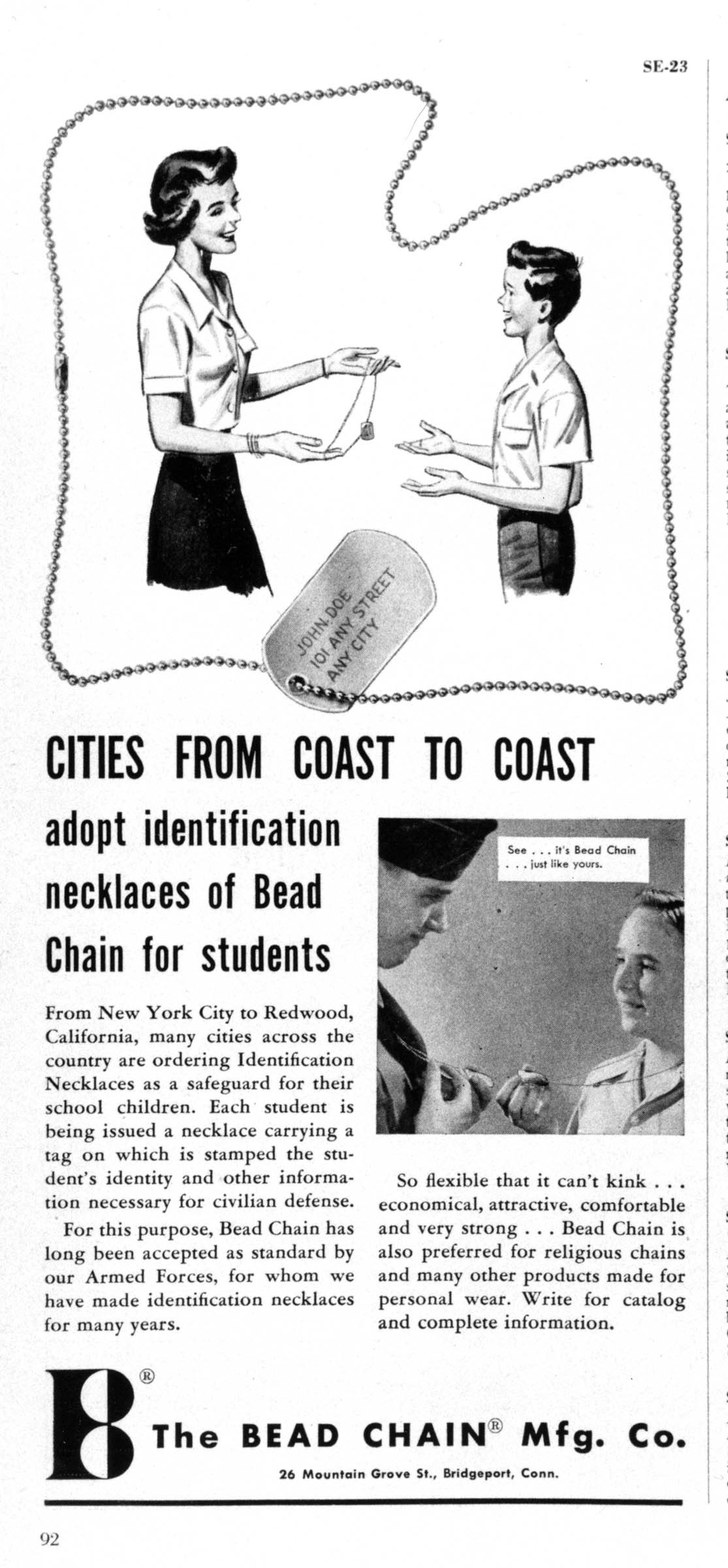 An advertisement in a 1951 edition of the professional periodical <em>School Executive</em> sells “dog-tag” necklaces for children to help identify their presumably mutilated remains after nuclear war. New York City’s public school system issued tags during that year.