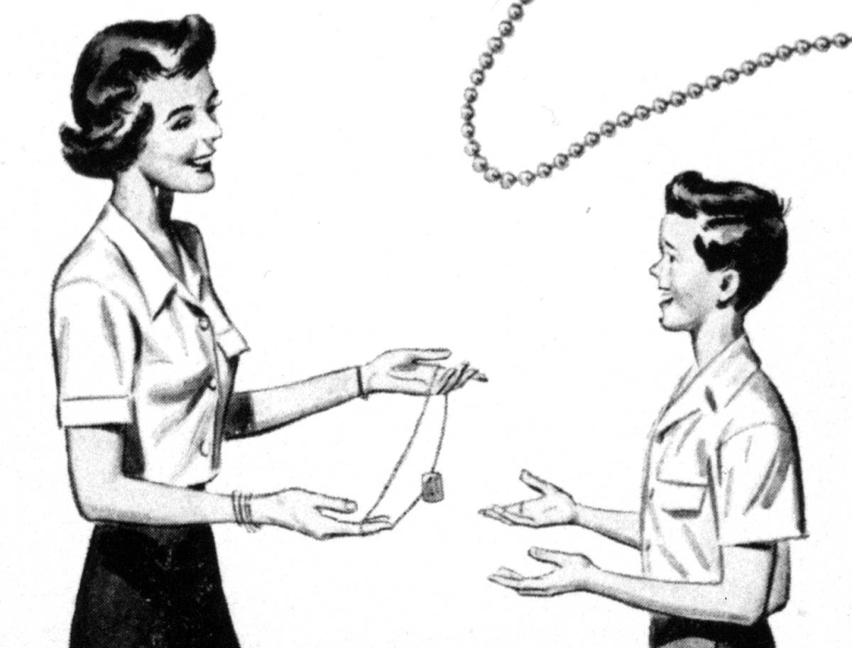 An advertisement in a 1951 edition of the professional periodical <em>School Executive</em> sells “dog-tag” necklaces for children to help identify their presumably mutilated remains after nuclear war. New York City’s public school system issued tags during that year.