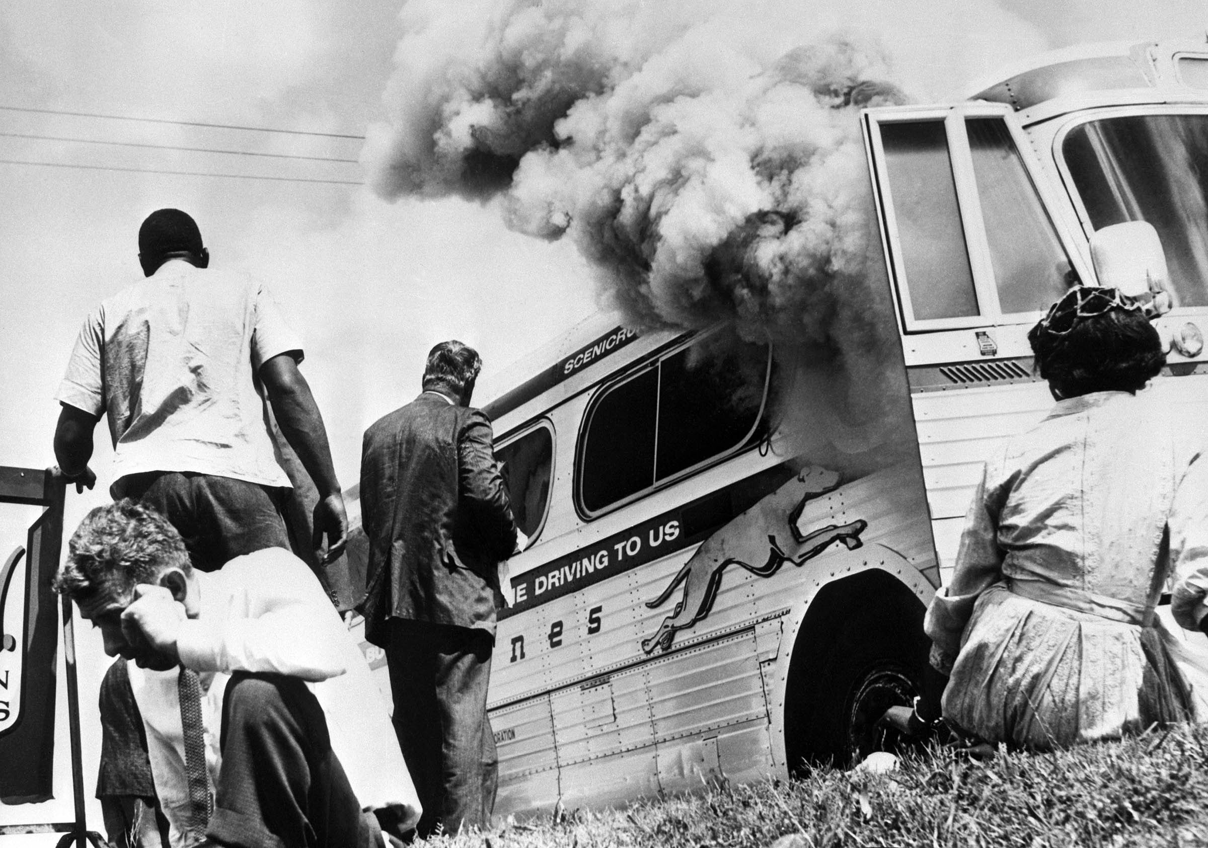 A Greyhound bus carrying “Freedom Riders” was attacked and destroyed by more than 200 white people outside of Anniston, Alabama, in May 1961. It had been chartered by the Congress of Racial Equality as part of a campaign to challenge racial segregation along interstate bus routes in the South.&nbsp; In the attack, Black and white civil rights protesters were beaten, leaving one paralyzed and another brain damaged.