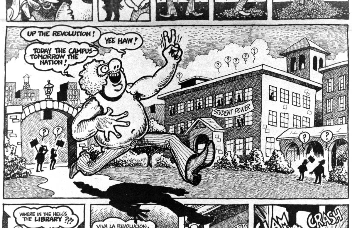 In the spirit of the counterculture, underground cartoonists rejected the style and substance of commercial comics and newspaper comic strips and enthusiastically embraced every taboo. The starched suburban antics of <em>Archie</em> were replaced by the slovenly inner-city iconoclasm of Gilbert Shelton’s <em>Fabulous Furry Freak Brothers</em> (represented here by brother Fat Freddy). The standard paternal and patriotic superheroes were rearranged into Shelton’s sadistic and superpatriotic <em>Wonder Wart Hog</em>, Spain Rodriguez’s vengeful guerrilla-fighter <em>Trashman</em>, and others. Meanwhile, Robert Crumb and S. Clay Wilson delved into the darker recesses of consciousness, producing a range of characters who reveled in the violent excesses of “sex, drugs, and rock-’n’-roll.”