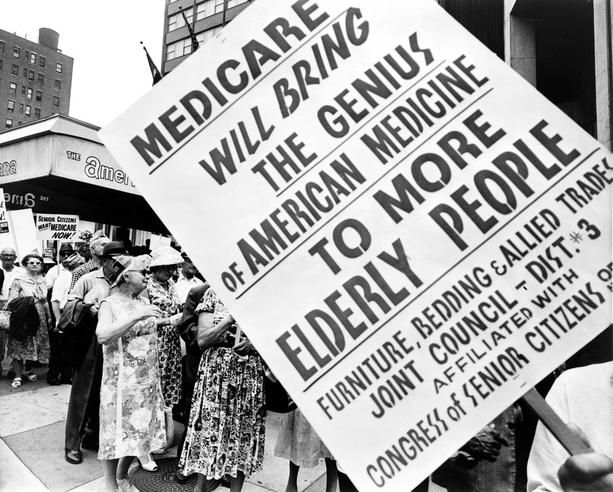 Retired Americans picketed outside the annual convention of the American Medical Association (AMA) in 1965 to protest the organization’s opposition to Medicare. The AMA denounced the health insurance plan as a step toward the imposition of “socialized medicine,” a term that was coined by conservatives who were opposed to the expansion of government health services, which suggested totalitarian control, decreased patient care, and greater financial cost.