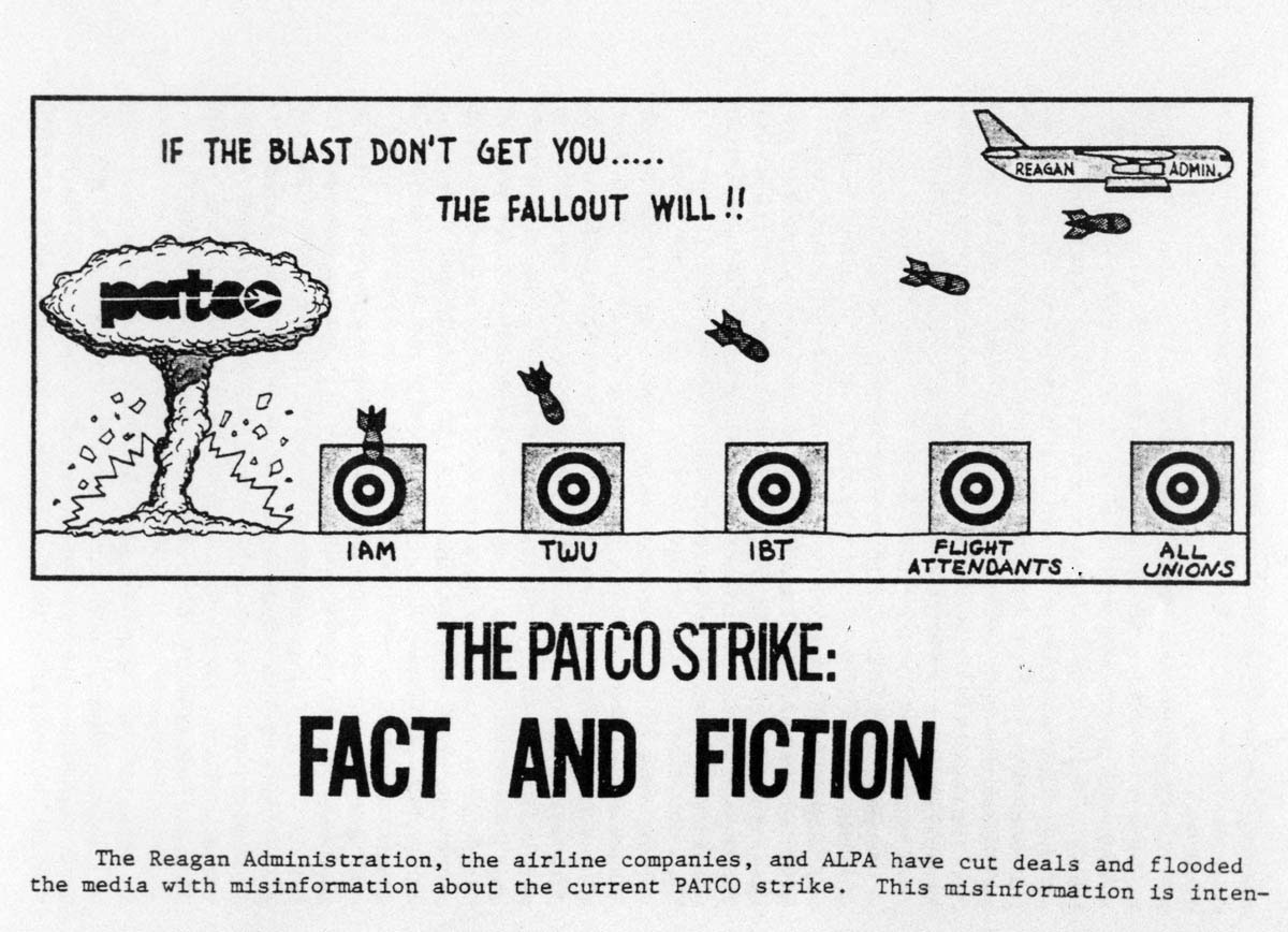 This illustration is from a leaflet that was distributed during the summer and fall of 1981 by the Los Angeles local of the Professional Air Traffic Controllers Organization (PATCO). The leaflet urged other airline and airport workers to support PATCO and warned that the Reagan administration’s suppression of the union would permit the airline companies to force layoffs and contract concessions from all workers in the industry.