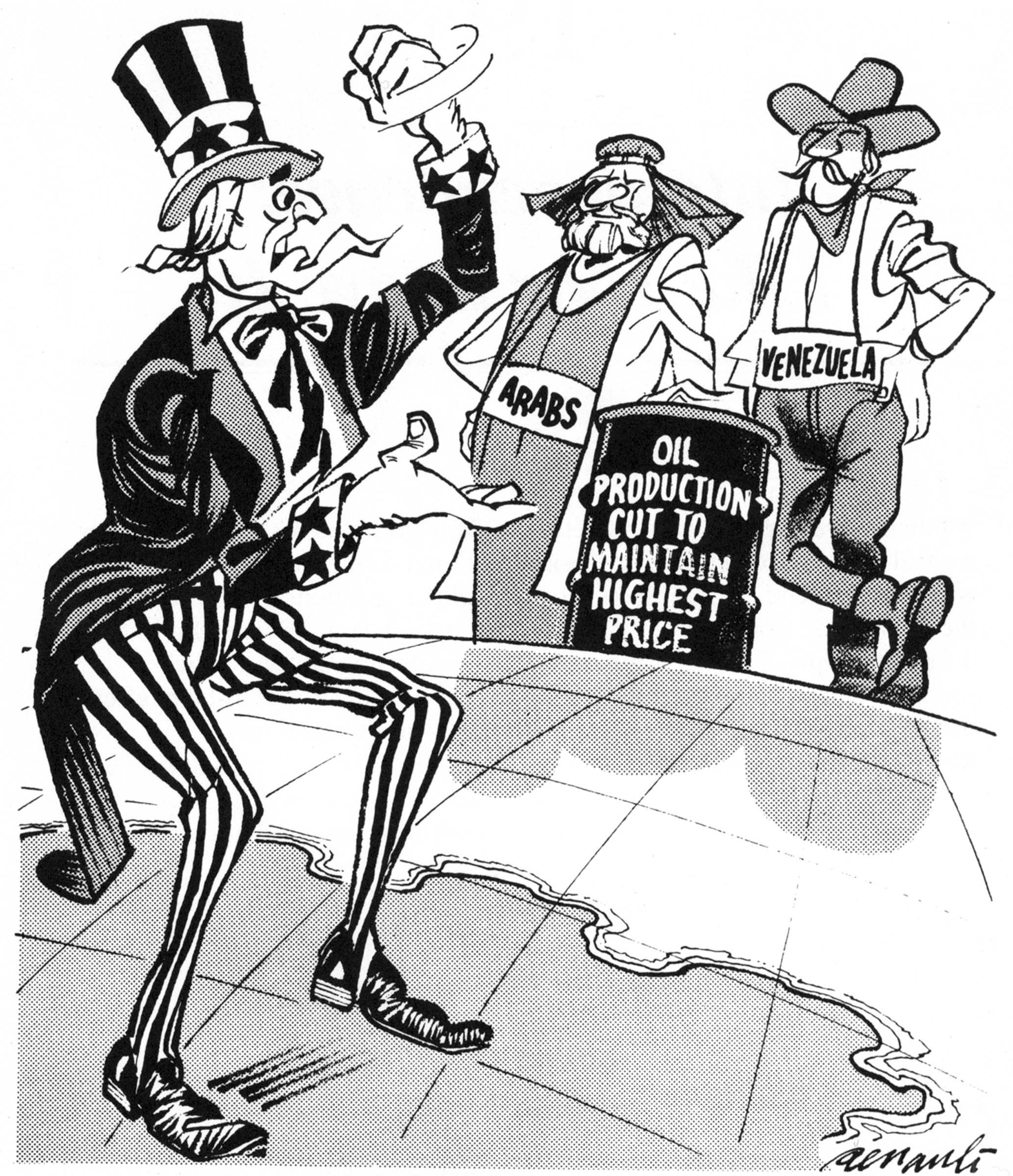 A 1974 cartoon suggests that the oil crisis was linked to the profit motive, the use of economic power by the Organization of Petroleum Exporting Countries echoing American business tactics.