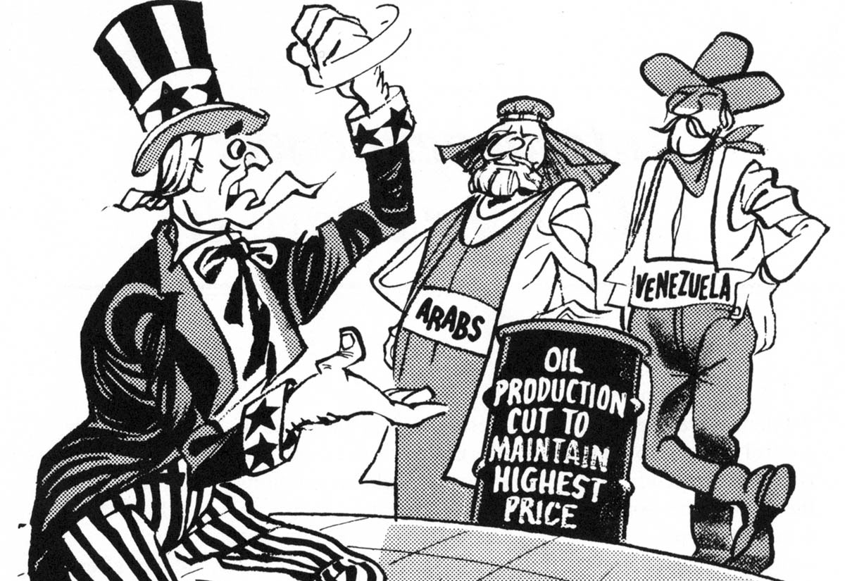 A 1974 cartoon suggests that the oil crisis was linked to the profit motive, the use of economic power by the Organization of Petroleum Exporting Countries echoing American business tactics.