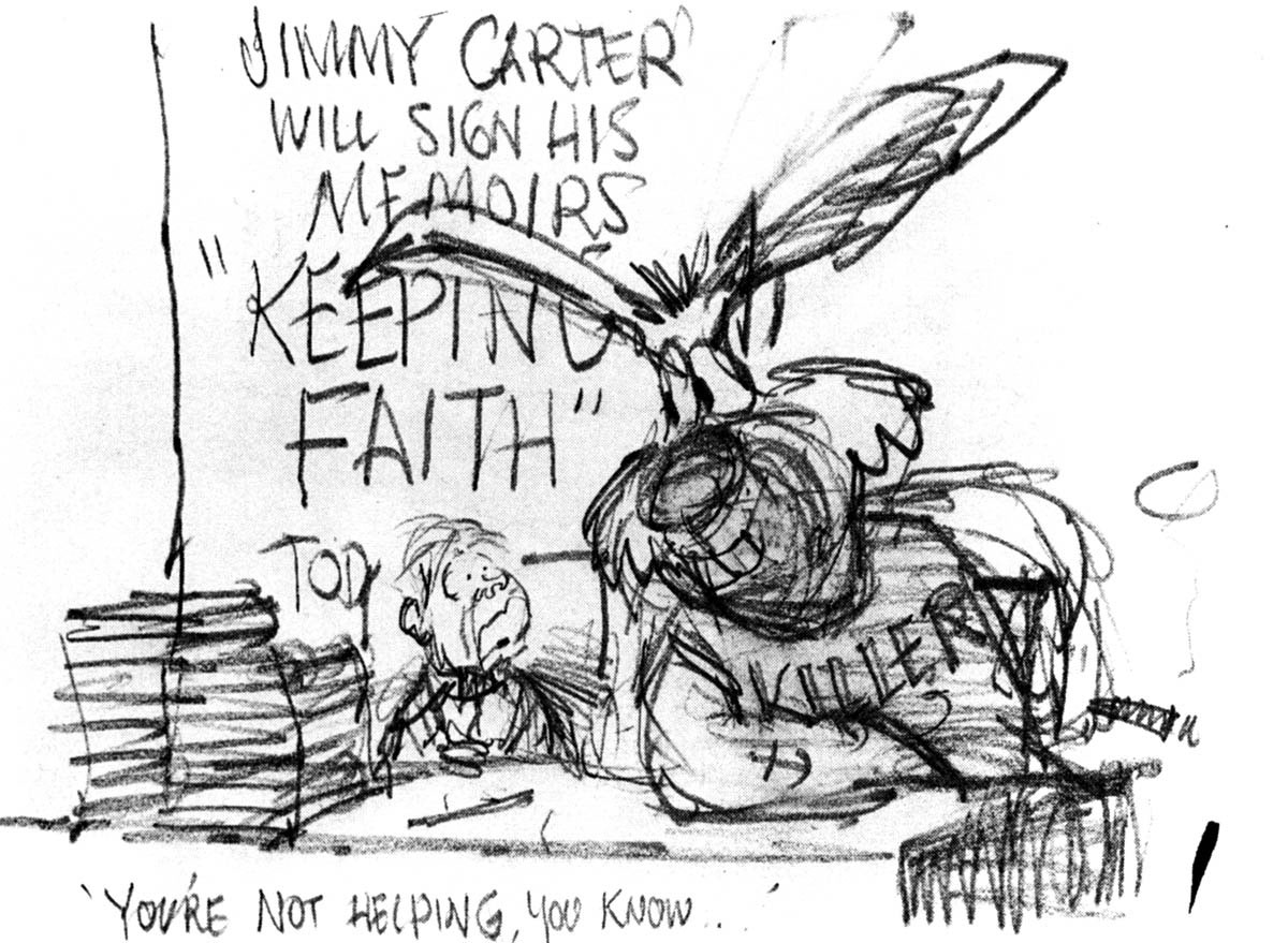 A sketch by political cartoonist Pat Oliphant comments on a peculiar incident that occurred when President Carter was on vacation in Georgia during the summer of 1979. Carter was fishing when a swimming rabbit “attacked” his rowboat. The president managed to fend off the animal with one of his oars. The story, which was widely disseminated by the press, epitomized for many Americans the weakness of the Carter administration.