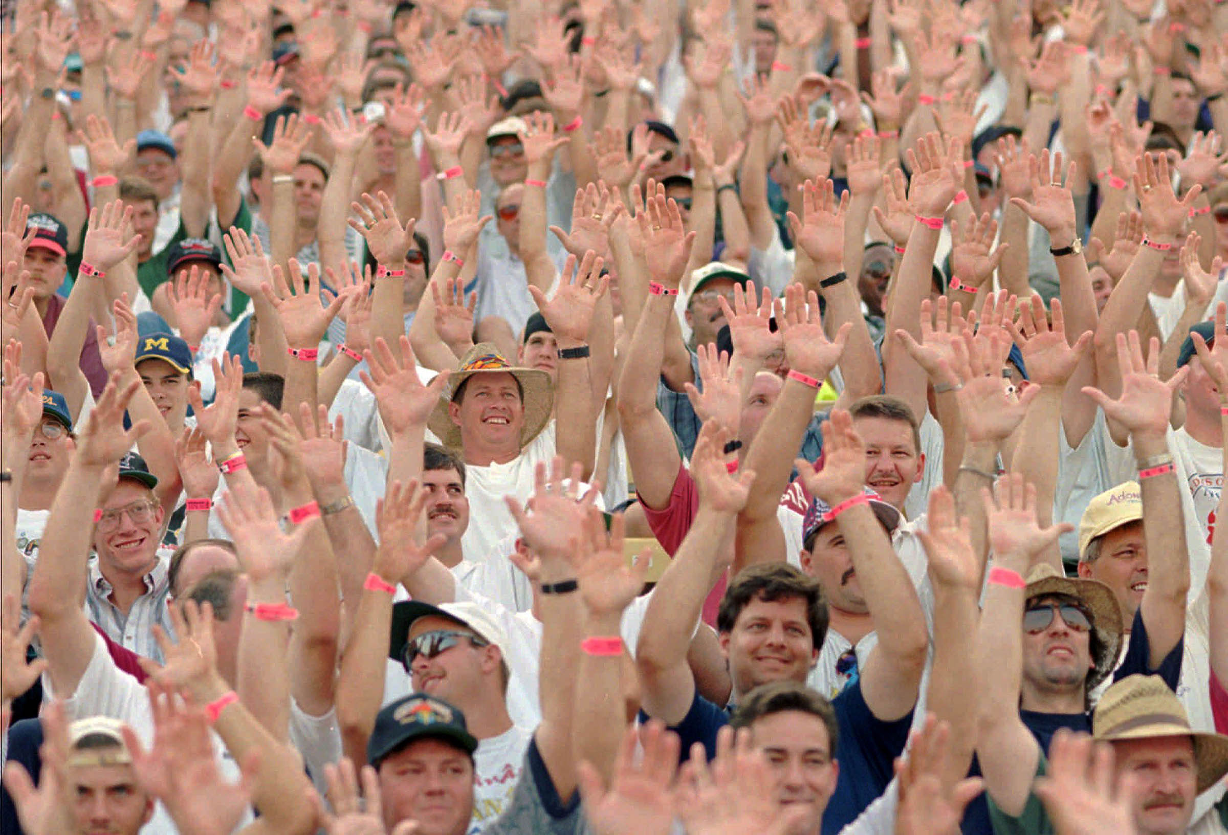 A Promise Keepers gathering in June 1996 attracted 60,000 men to the Charlotte Motor Speedway in Concord, North Carolina. During the 1990s, the predominantly white male evangelical Protestant organization filled scores of raceways and stadiums to preach the return of male authority and responsibility within the Christian family.