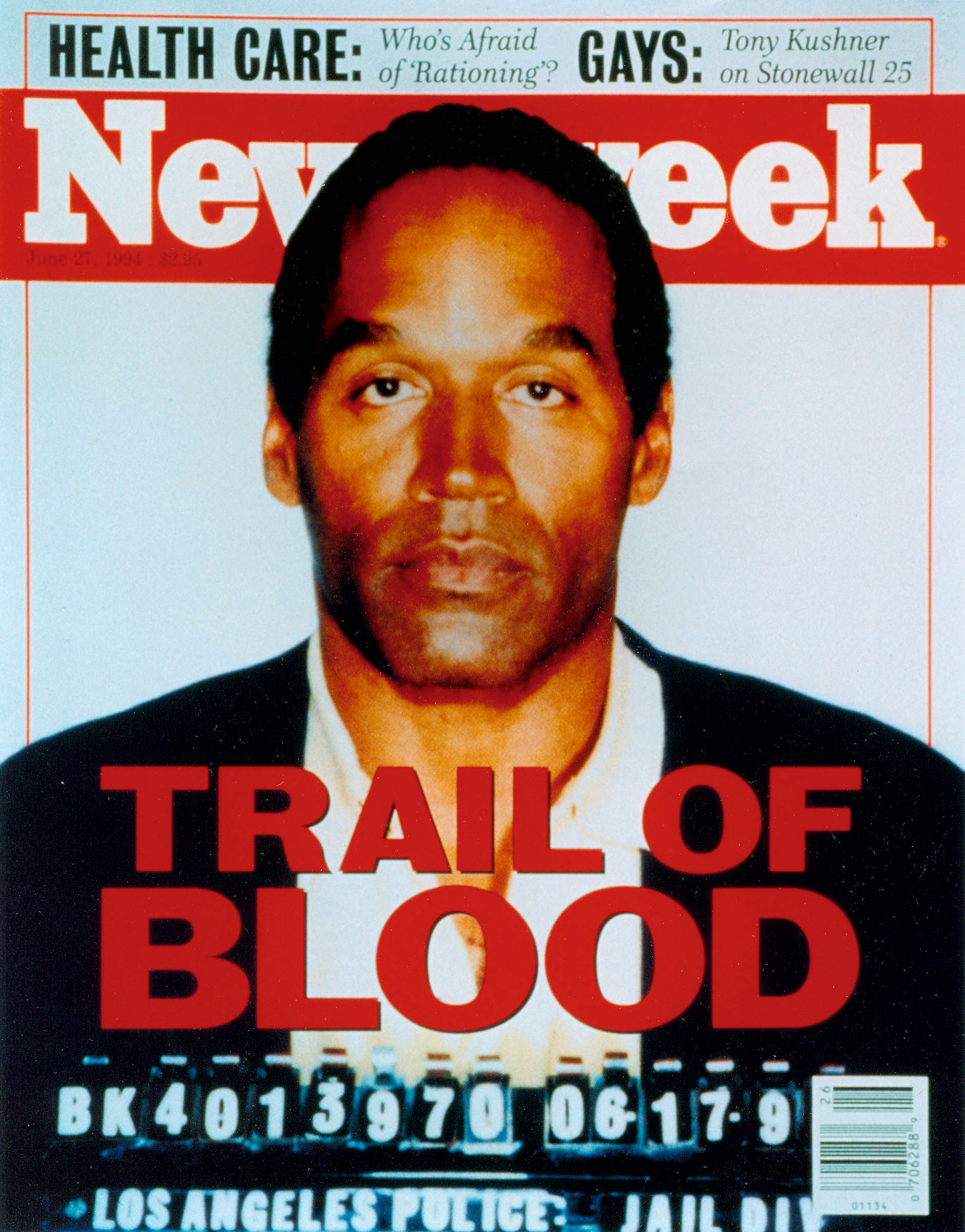 The avalanche of news coverage of the O. J. Simpson case provoked criticism of the press’s preoccupation with celebrity and sensation. The case also sparked controversy over the news media’s manipulation of visual information, abetted by the new tool of digital imaging. The June 27, 1994, cover of <em>Time</em> magazine featured Simpson’s police “mug shot.” The <em>Time</em> picture seemed unremarkable until it was compared to the same week’s cover of <em>Newsweek</em>, which also displayed the police photograph. In contrast to <em>Newsweek</em>’s unretouched cover (shown here), <em>Time</em> had digitally darkened Simpson’s face to lend the image greater drama and, some commentators suggested, menace.