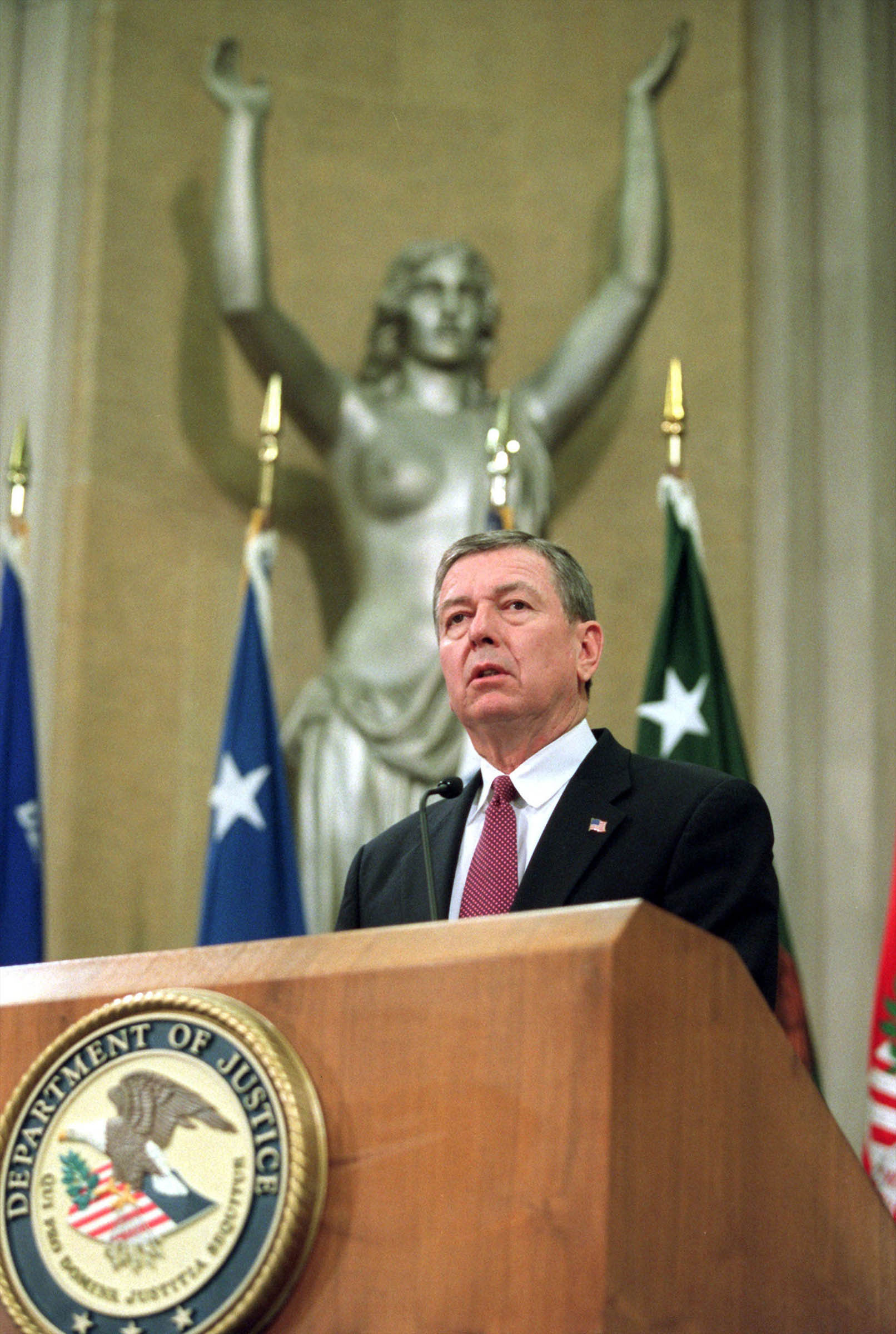 Conservative Attorney General John Ashcroft, unhappy with press photographs showing him in front of the seminude <em>Spirit of Justice</em>, one of two statues adorning the podium in the Department of Justice’s Great Hall, allocated ,000 for the purchase of curtains to hang over the offending aluminum Art Deco sculpture.