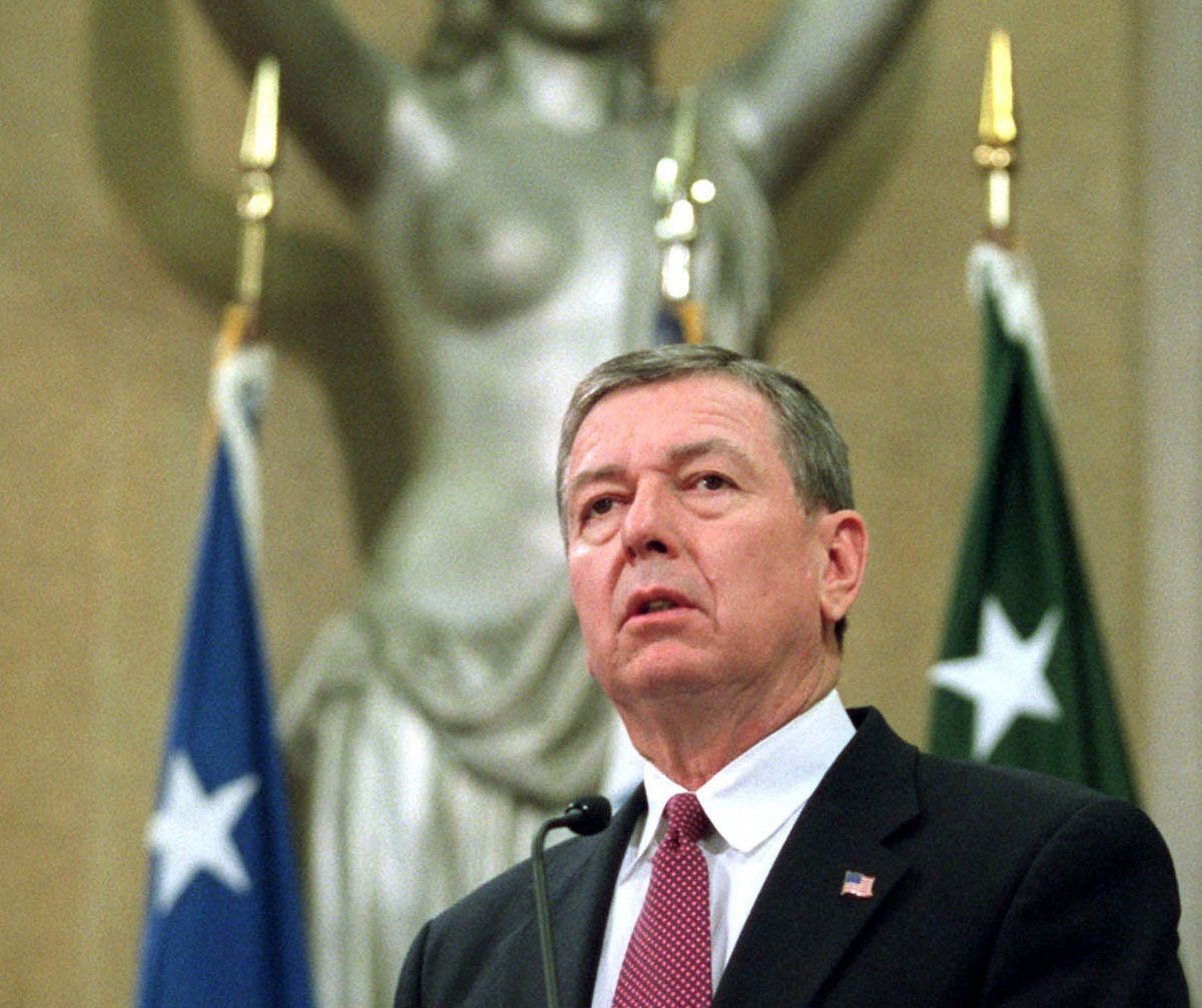 Conservative Attorney General John Ashcroft, unhappy with press photographs showing him in front of the seminude <em>Spirit of Justice</em>, one of two statues adorning the podium in the Department of Justice’s Great Hall, allocated ,000 for the purchase of curtains to hang over the offending aluminum Art Deco sculpture.