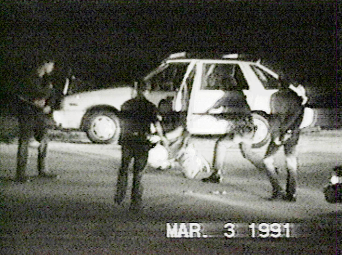 A frame from the amateur video of the March 3, 1991 beating of Rodney King by Los Angeles police officers. George Holliday shot the video from his apartment across the street.