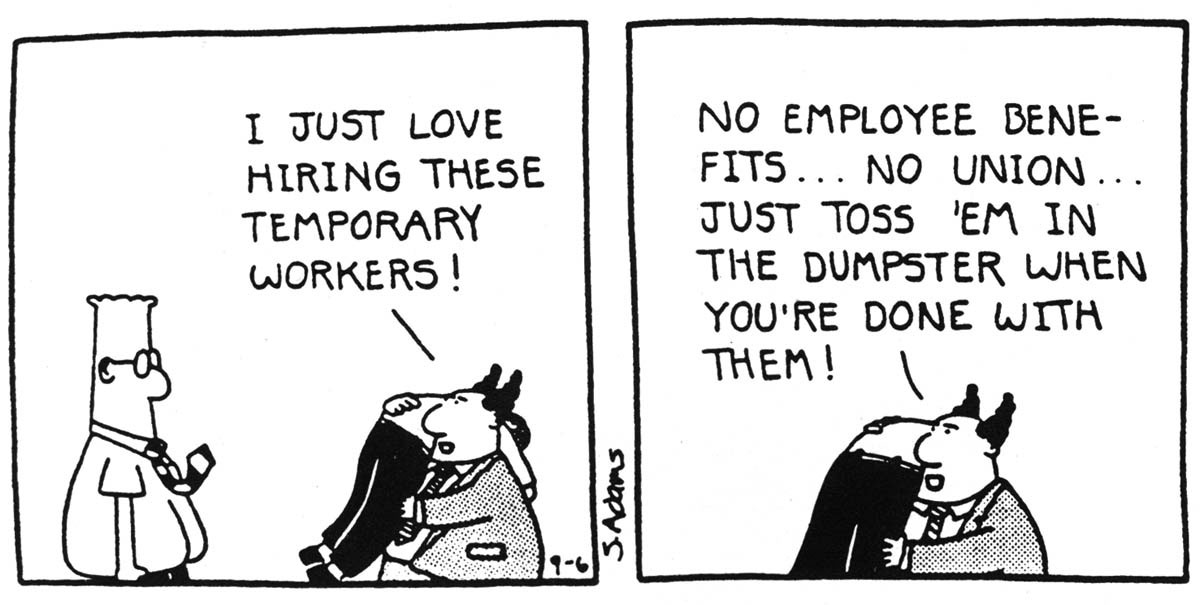 This popular newspaper comic strip portrays the trials and tribulations of employees in an unnamed high-tech company in northern California. Cartoonist Scott Adams started the strip in 1989, inspired by his experience working for Pacific Bell. In 2023, the daily comic strip was dropped by newspapers as well as its distributor after Adams released a racist online video.