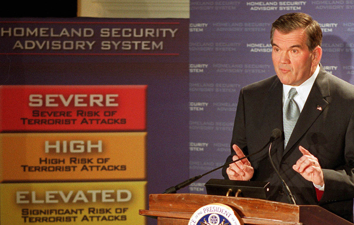 Homeland Security chief Tom Ridge introduces a color-coded threat advisory system in March 2002. The five alert levels, escalating from green for a low-level warning to “severe risk” red, was supposed to inform the public about imminent terrorist threats and prompt appropriate preventive measures on the part of federal and local government agencies. But critics noted that the criteria for subsequent alerts were confusing and possibly motivated by partisan political aims.