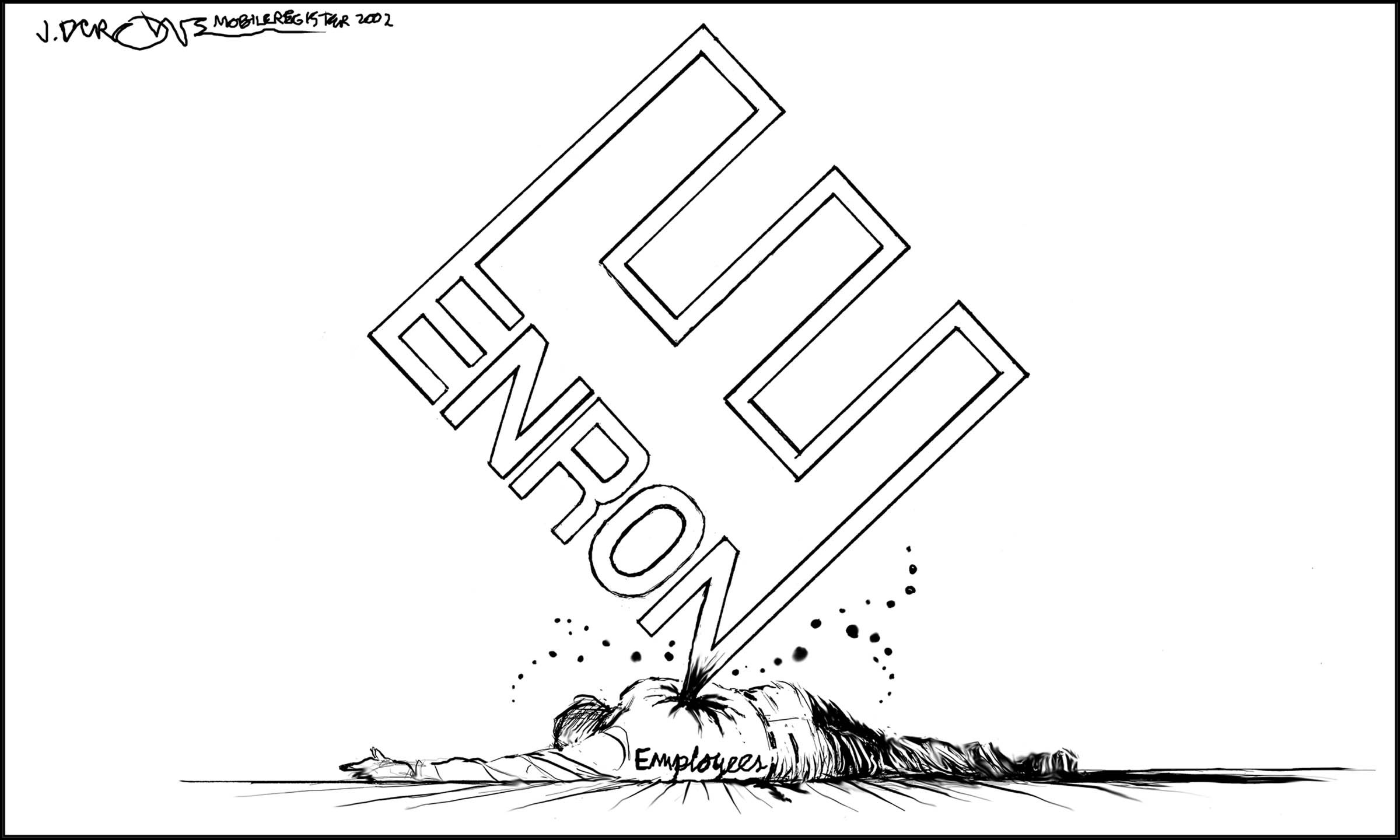 Enron’s streamlined logo became a symbol for corporate corruption and a focus of political cartoon commentary on the bankrupt company’s treatment of its employees and investors.