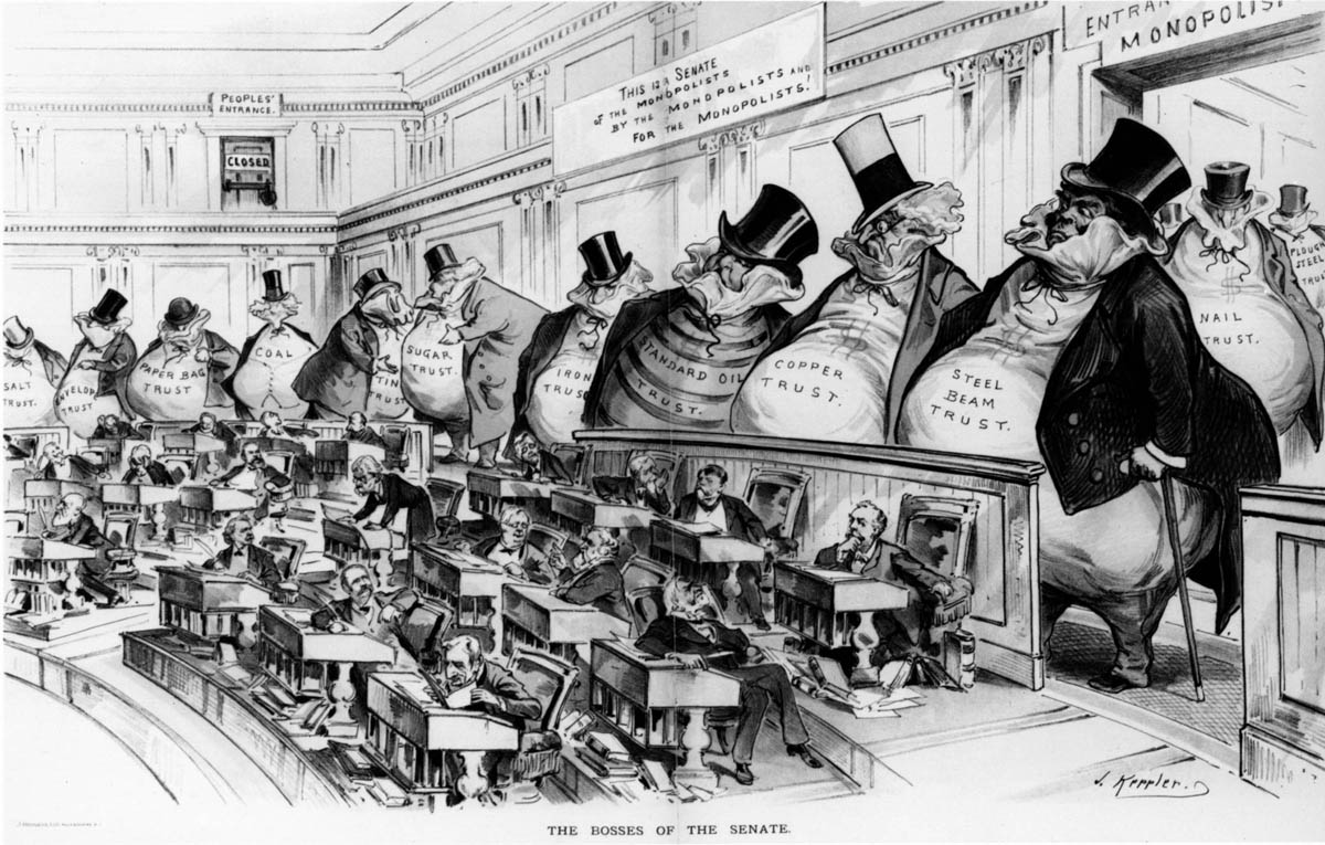 An 1889 cartoon from the satirical weekly <em>Puck</em> decries corporate control of the U.S. Senate. “This is a Senate of the Monopolists, by the Monopolists, and for the Monopolists!” reads the sign over the corpulent corporate spectators as they watch over the obedient legislators (many of whom were millionaires). Meanwhile, the “People’s Entrance” to the Senate is barred shut.