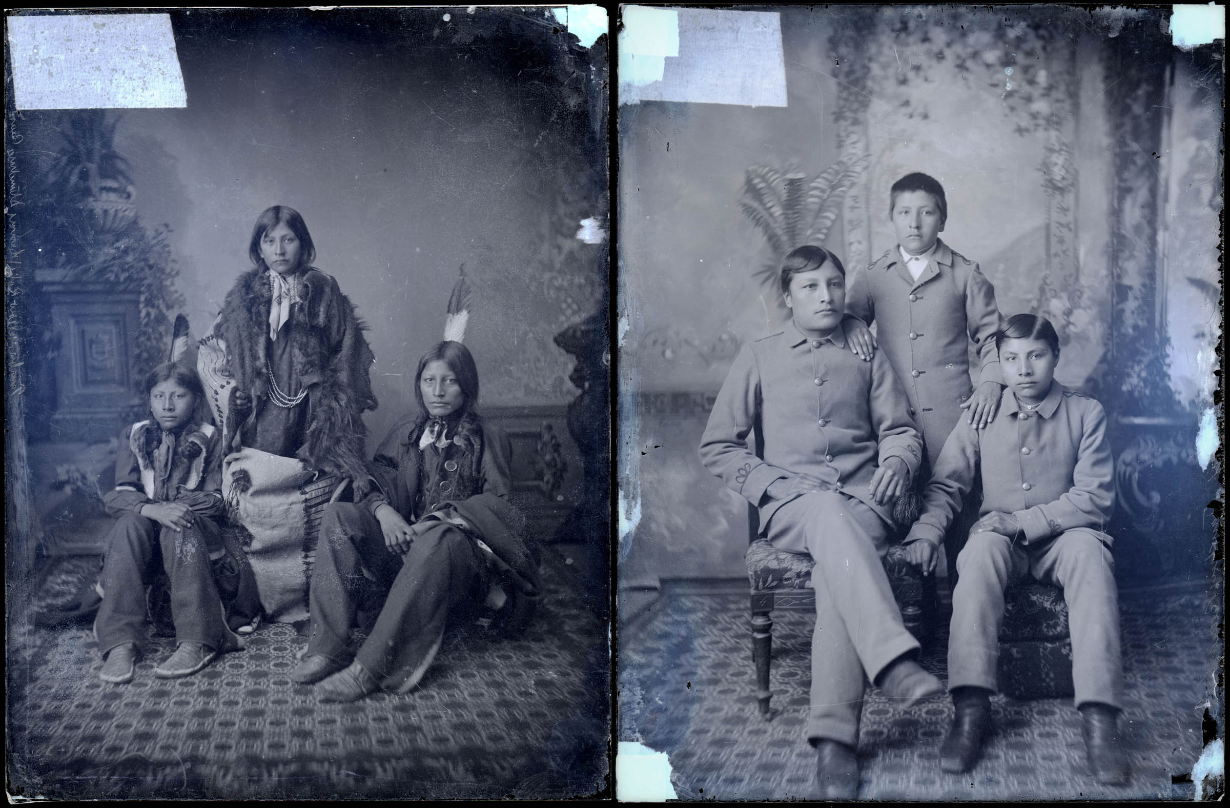 Federal policy to “Americanize” and assimilate Native people took place off the reservation as well as on the new reservations. Reformers promoted boarding schools to remove Native youths from their home environments and culture and instill into them white Protestant values. Army officer Richard Henry Pratt modeled the United States Indian Training and Industrial School, founded on an abandoned military base in 1879 in Pennsylvania, after the Hampton Institute, a government boarding school for African American children in Virginia. Carlisle’s first students were a group of eighty-four Lakota children, including these three boys.

Richard Henry Pratt’s philosophy was “to kill the Indian and save the man.” Boys were taught certain skilled trades or modern agricultural techniques; girls learned sewing, cooking, laundry, and housework. The English language was considered key to the “civilizing” process, and Native languages were forbidden. As this “after” photograph of the three Lakota boys illustrates, traditional dress was replaced by military uniforms. Their hair was also cut, which for Lakotas is a symbol of mourning, therefore causing them much distress. Twenty-four more schools modeled on Carlisle were established outside reservations over the next two decades.