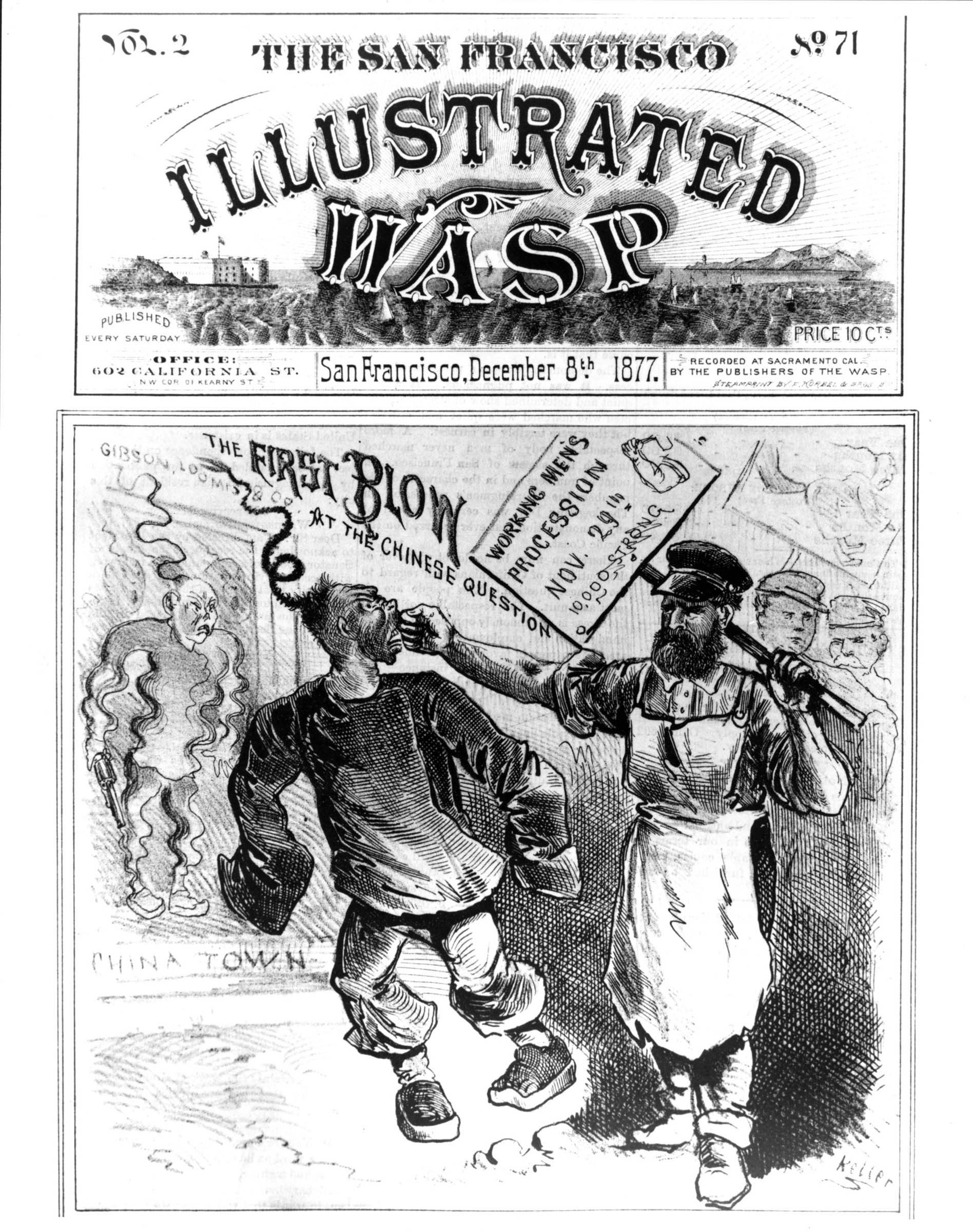 The cover of the recently founded <em>Illustrated Wasp</em>, a West Coast pictorial weekly, offered its support in virulent pictorial terms to white working-class anti-Chinese agitation in San Francisco.