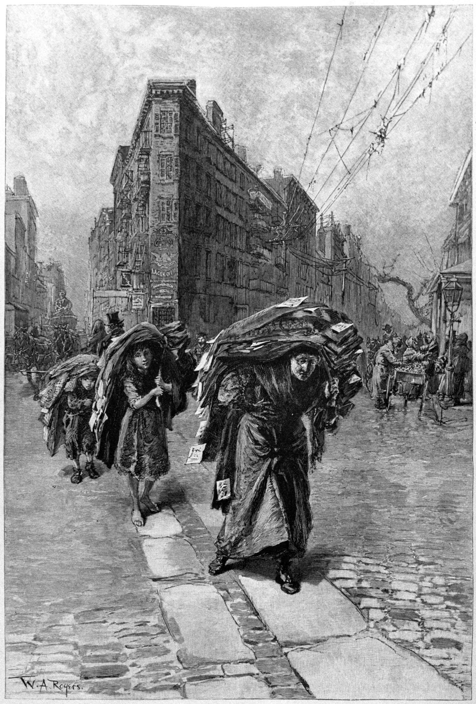 A New York immigrant tailor’s family returns from a contractor, carrying material to be sewn into garments back home. Scenes of urban poverty, such as this one depicted in an 1890 engraving, were featured in illustrated newspapers. Photography and individual “art” prints, however, tended to celebrate the city, with depopulated images focusing on the “grand style” architecture of new buildings or constructing distant bird’s-eye views of ideal urban landscapes.