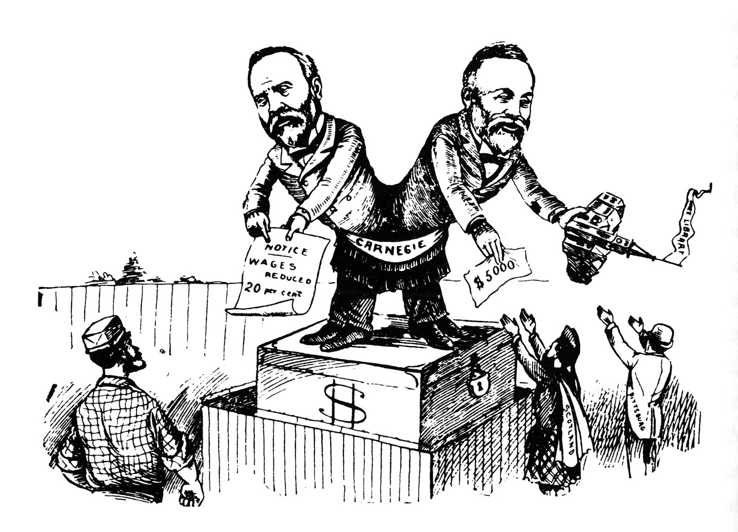 In 1892, this unidentified cartoonist, along with many Americans, sharply criticized the steel baron for his role in the Homestead strike. Andrew Carnegie’s “Great Double Role” refers to his accumulation of an immense personal fortune at the same time as he endowed cultural institutions around the world. “[A]s the tight-fisted employer,” ran the caption, “he reduced wages that he may play philanthropist and give away libraries, etc.”