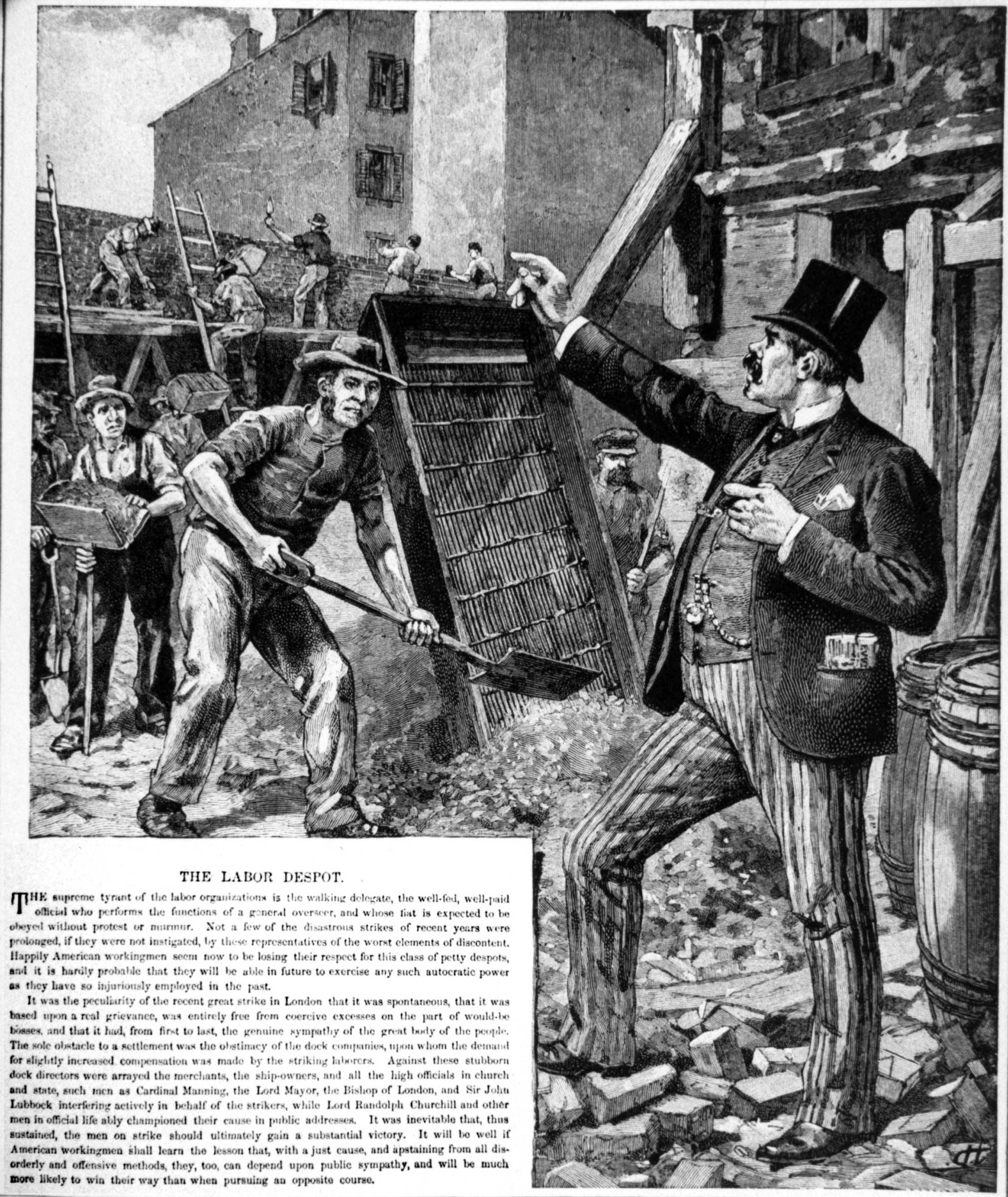 The popular image of the trade union official changed as manufacturers attempted to exert greater control over the workplace. In this 1889 engraving, a trade union officer—“the well-fed, well-paid official . . . whose fiat is expected to be obeyed without protest or murmur”—arbitrarily calls a strike. Portrayed as a despotic opponent of business, the official’s manner and dress resembled those of the familiar figure of the corrupt political boss.