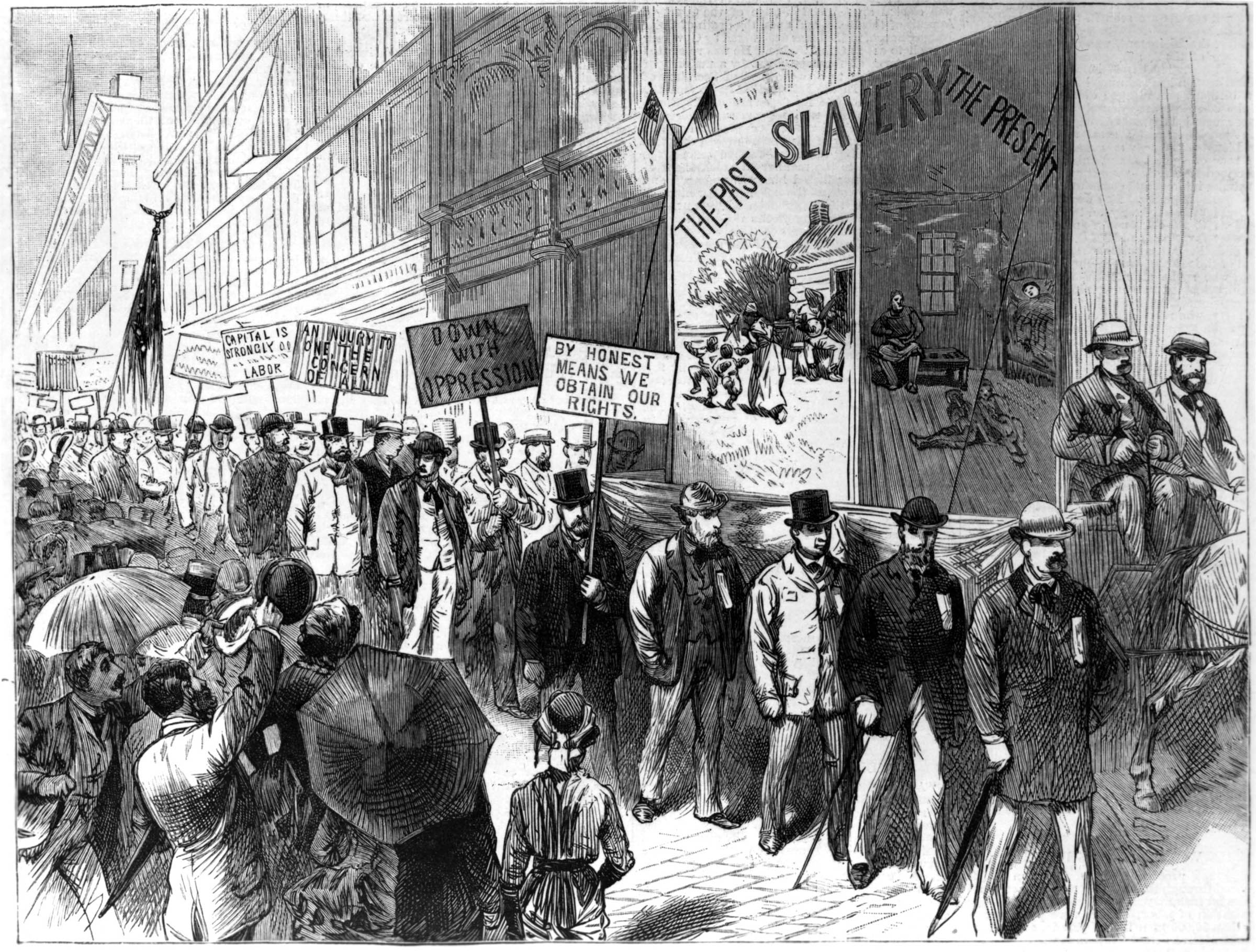 A placard in an 1884 Labor Day march presented the struggle over inequality in the nineteenth century. “Wage-slavery” emerged as an oppressive institution to take the place of racial slavery, defeated in the Civil War.