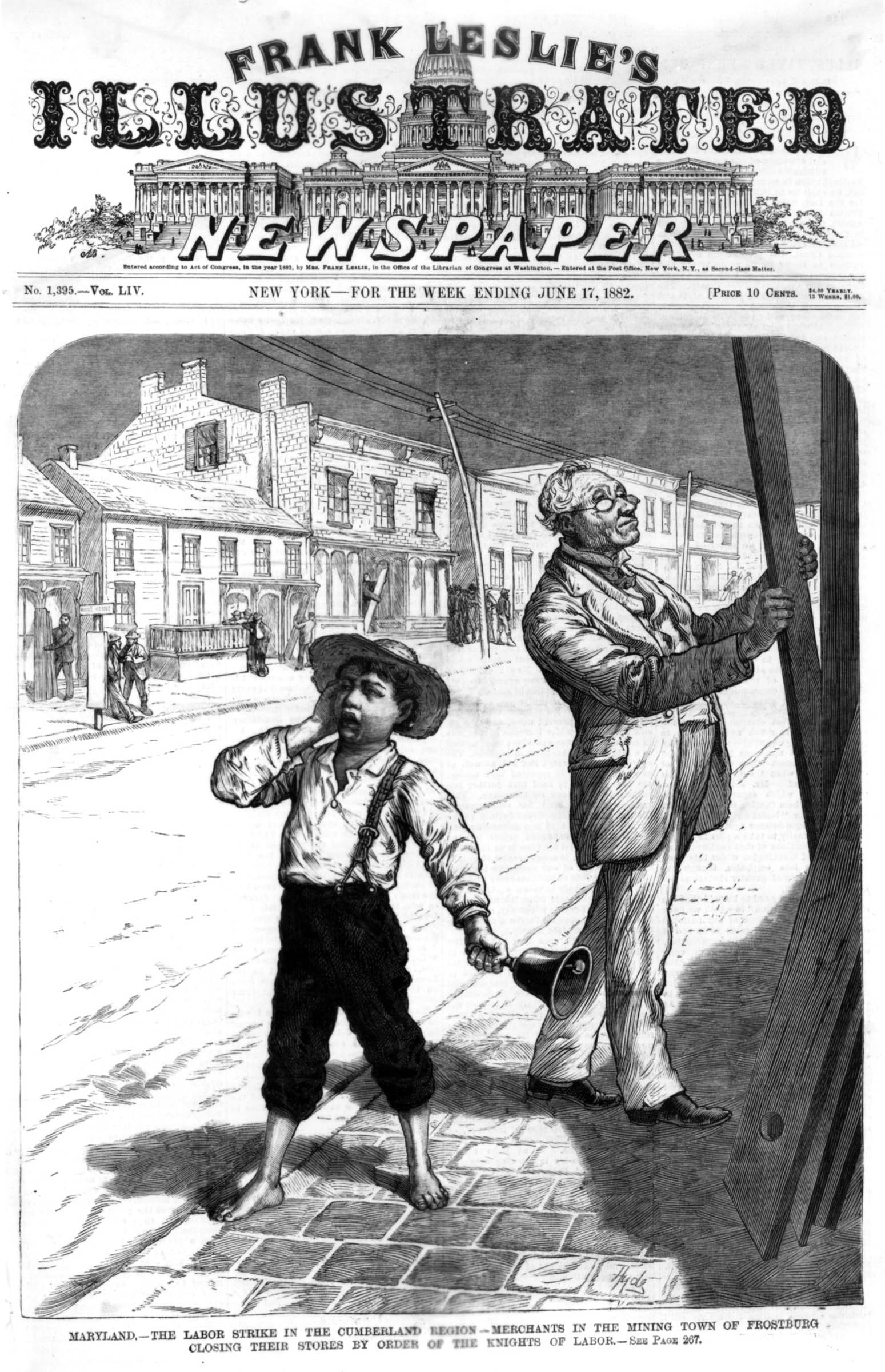 A June 1882 cover of <em>Frank Leslie’s Illustrated Newspaper</em> depicts a scene in the Cumberland region of Maryland during a miners’ strike. The boy who is shown ringing a bell in the town of Frostburg was described as an “emissary” conveying a Knights of Labor edict forcing local merchants to close their stores by 7:30 each evening. <em>Leslie’s</em> professed bewilderment at local businessmen’s acceptance of the strikers’ “decree.” But acquiescence to the new policy was not due to coercion; in the spirit of community cooperation espoused by the Knights, shopkeepers and clerks agreed to experiment with early closing.