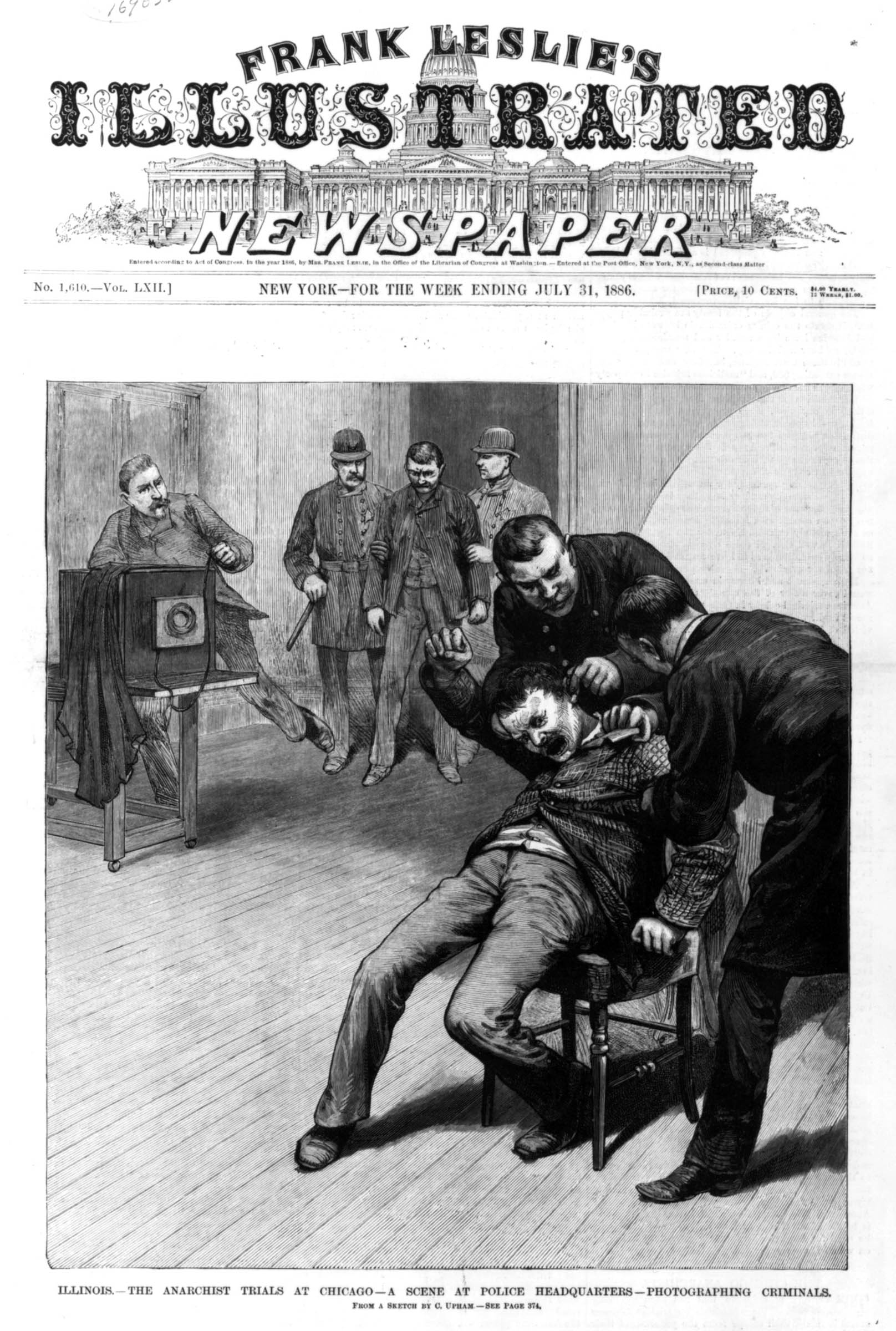 As part of its coverage of the Haymarket incident, one newspaper displayed this scene in Chicago’s police headquarters, showing the construction of a criminal identification system based on photographs. The “Rogues’ Gallery” would serve as an archive to identify individual criminals (including political dissenters and labor activists) and to discern, according to contemporary scientific beliefs, what “physiognomic” traits (such as skull shape and facial characteristics) indicated innate criminal tendencies.