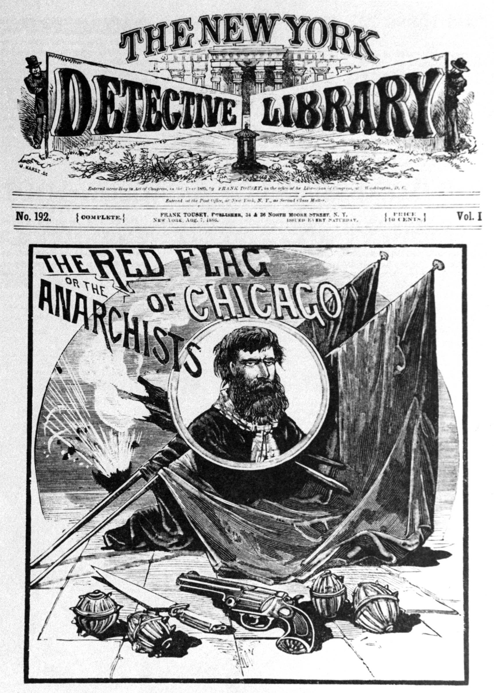 Hairy, disheveled, and perched above the deadly tools of his “trade,” he stares out from the cover of an 1886 edition of <em>The New York Detective Library</em>, one of the many weekly “dime novels” eagerly read by working people in the late nineteenth century.