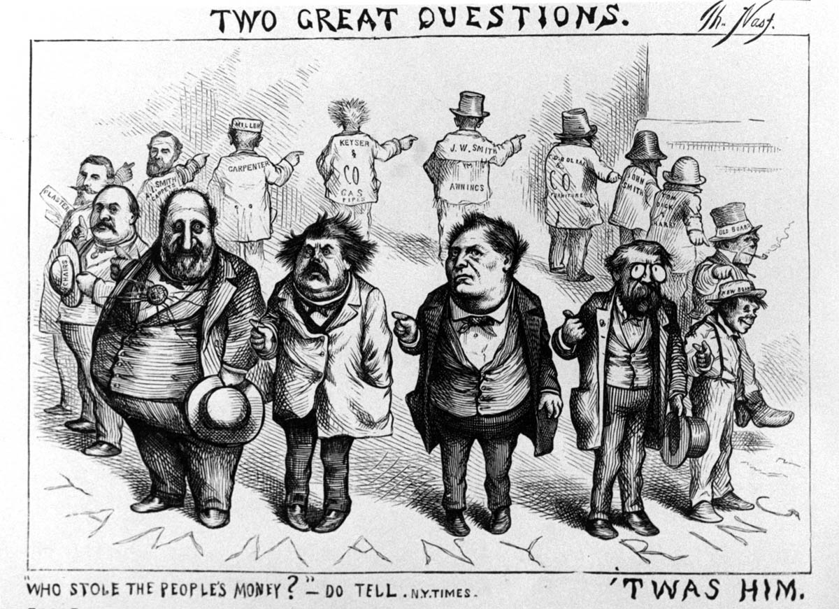 Critics of the urban political machine were handicapped by a foe that possessed both charitable and corrupt attributes. Thomas Nast’s cartoons in <em>Harper’s Weekly</em> attacking political “boss” William M. Tweed (the portly figure on the left) and his Tammany Hall associates supplied antimachine forces with a powerful weapon. Nast’s caricatures, accessible to everyone, succinctly conveyed a negative portrait of the machine that would influence popular perception of the political “boss” into the twenty-first century.